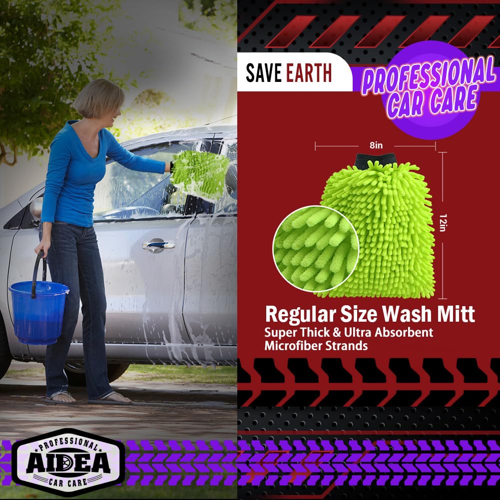 Aidea Car Wash Mitt Microfiber, 2Pk-Scratch-Free& Lint-Free, Premium Chenille Microfiber Wash Mitt-Green Extra Large Size (8''X1