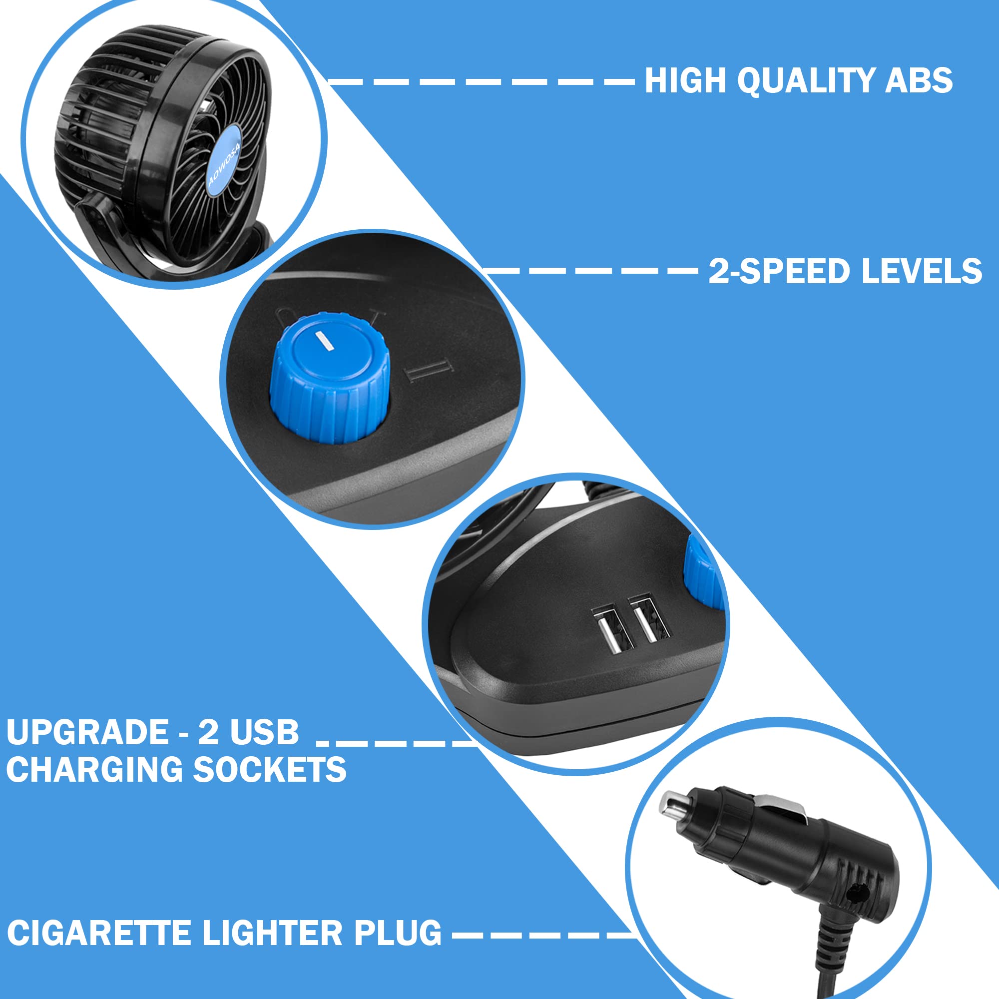 Car Fans 12V Electric Cooling Rear Seat Headrest Vehicle Fan With Cigarette Lighter Plug 2 Speed, 360 Degree Adjustable Dual Hea