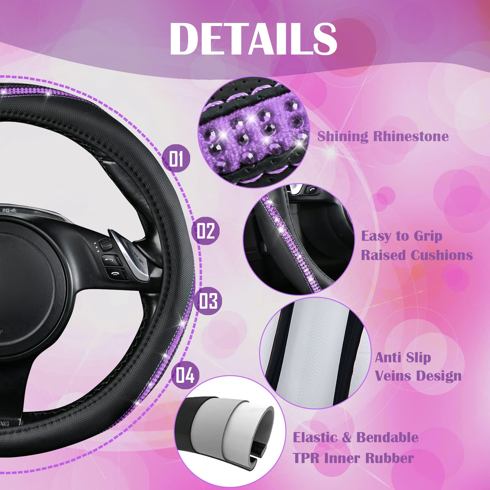 CAR PASS Bling Diamond Leather Steering Wheel Cover, Crystal Rhinestones, Universal Fit 14.5"-15", Purple Diamond