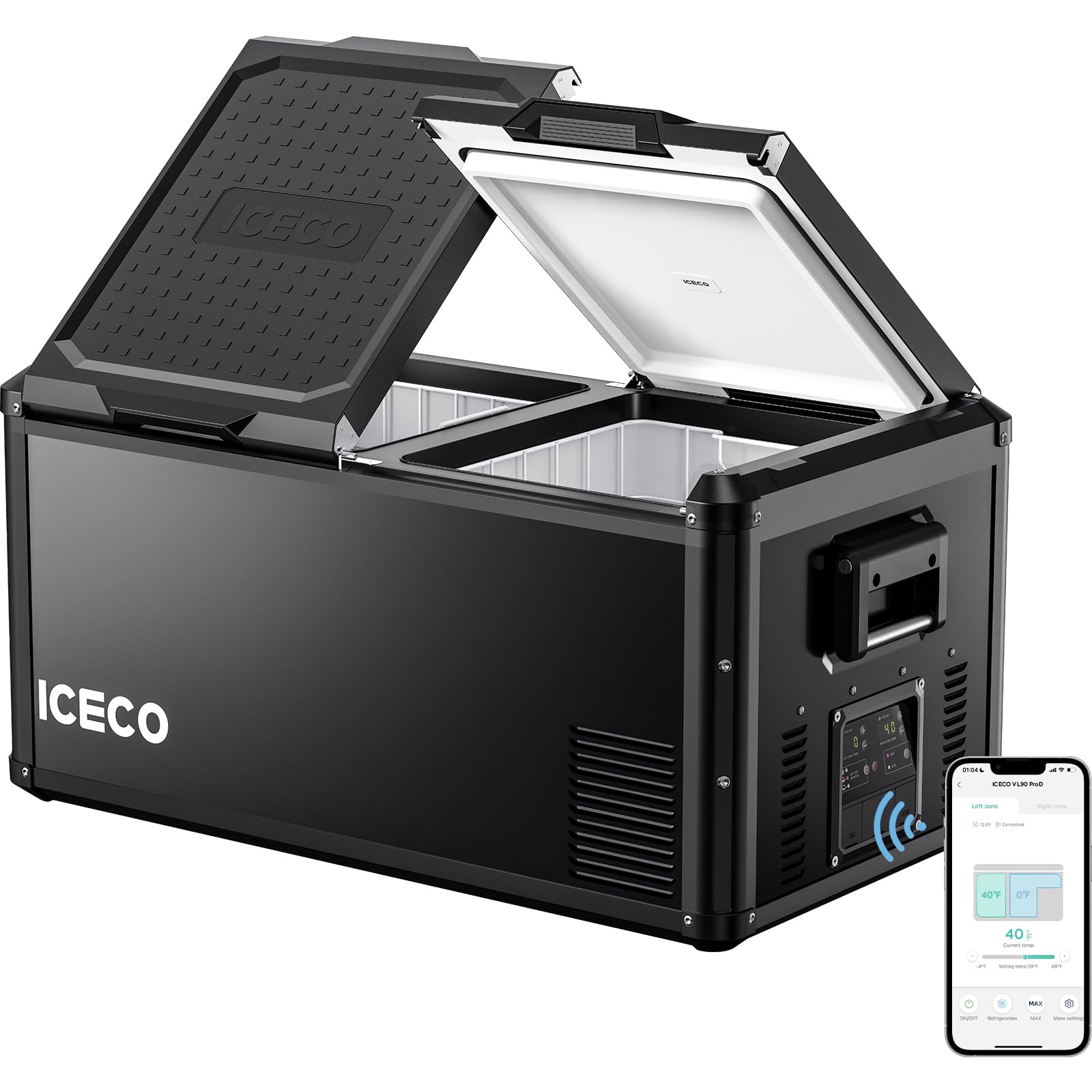 Iceco Vl90 Prod Portable Refrigerator, Multi-Directional Lid, Dual Usb & Dc 12/24V, Ac 110-240V, 90L Dual Zone Steel Compact Ref