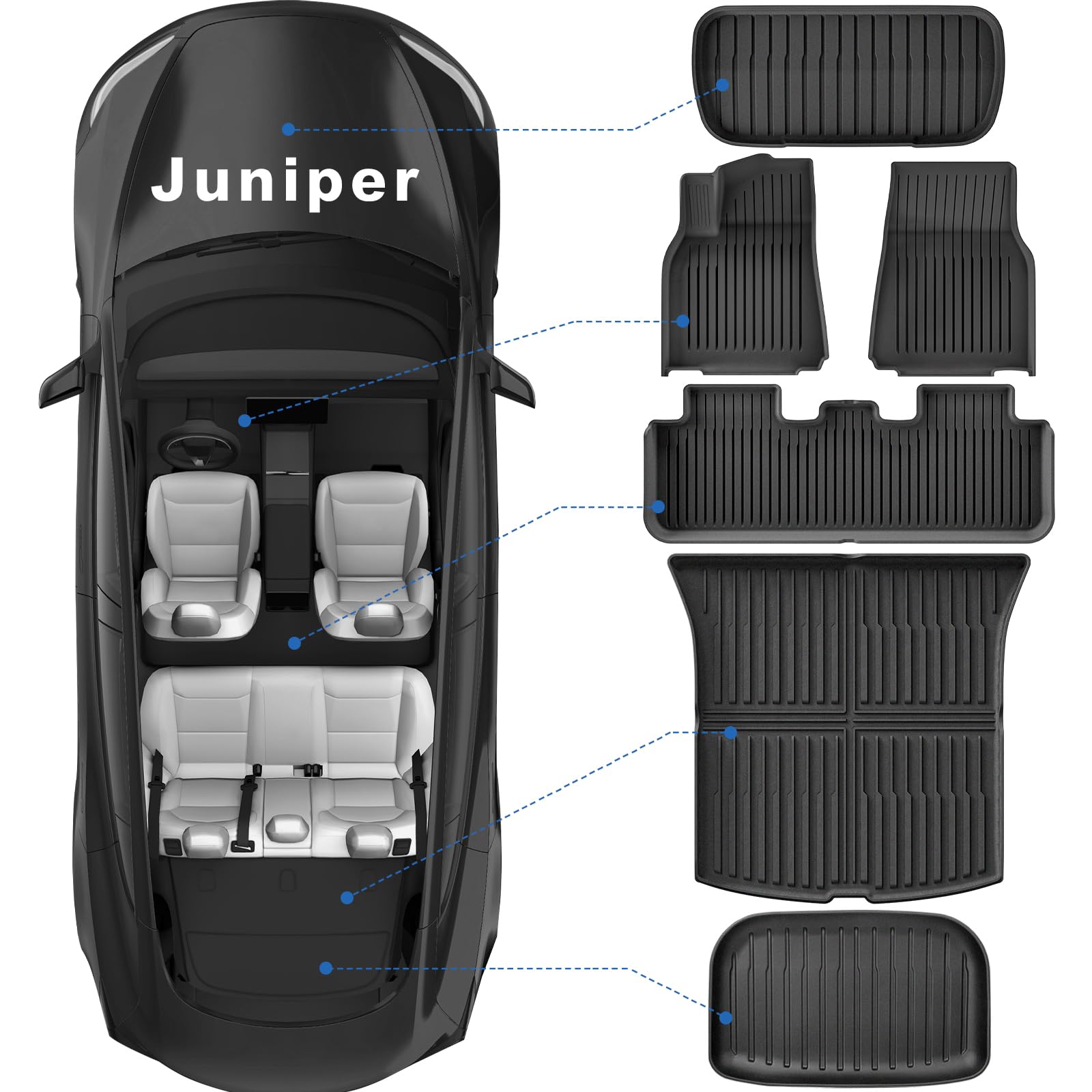 Autocessking 2025 New Tesla Model Y Juniper Floor Mats 5-Seater, Set Of 6 All Weather Tpe Waterproof Anti-Slip Front & Rear Trun