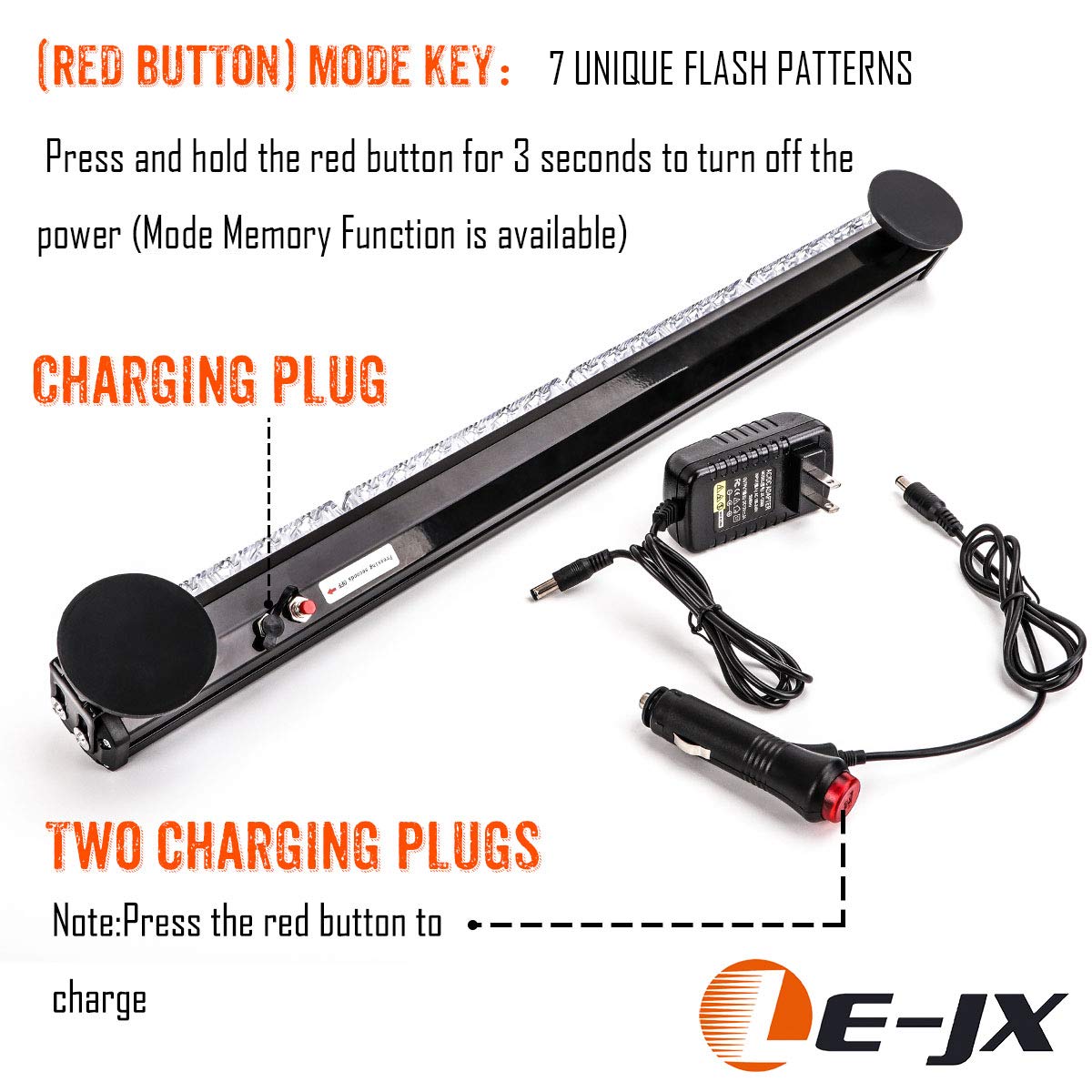 Le-Jx 24” Amber/White Wireless Traffic Advisor Emergency Lights Bar Battery Led Strobe Warning Light Roof Top Hazard Flash With Magnetic Base Mount And 12V Rechargeable Plug ( 24 Leds)