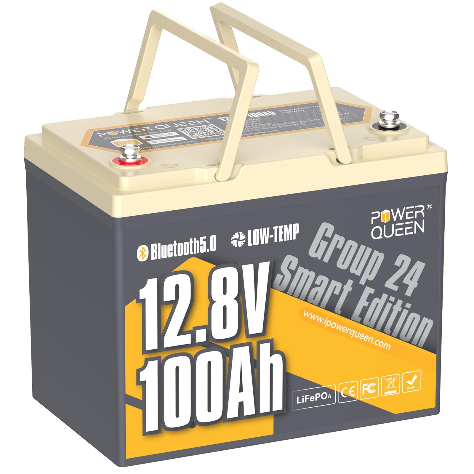 Power Queen Bluetooth 12V 100Ah Lifepo4 Battery, Group 24 Deep Cycle Battery Max. Output Power 1280W, 100A Bms With Low-Temp Cut