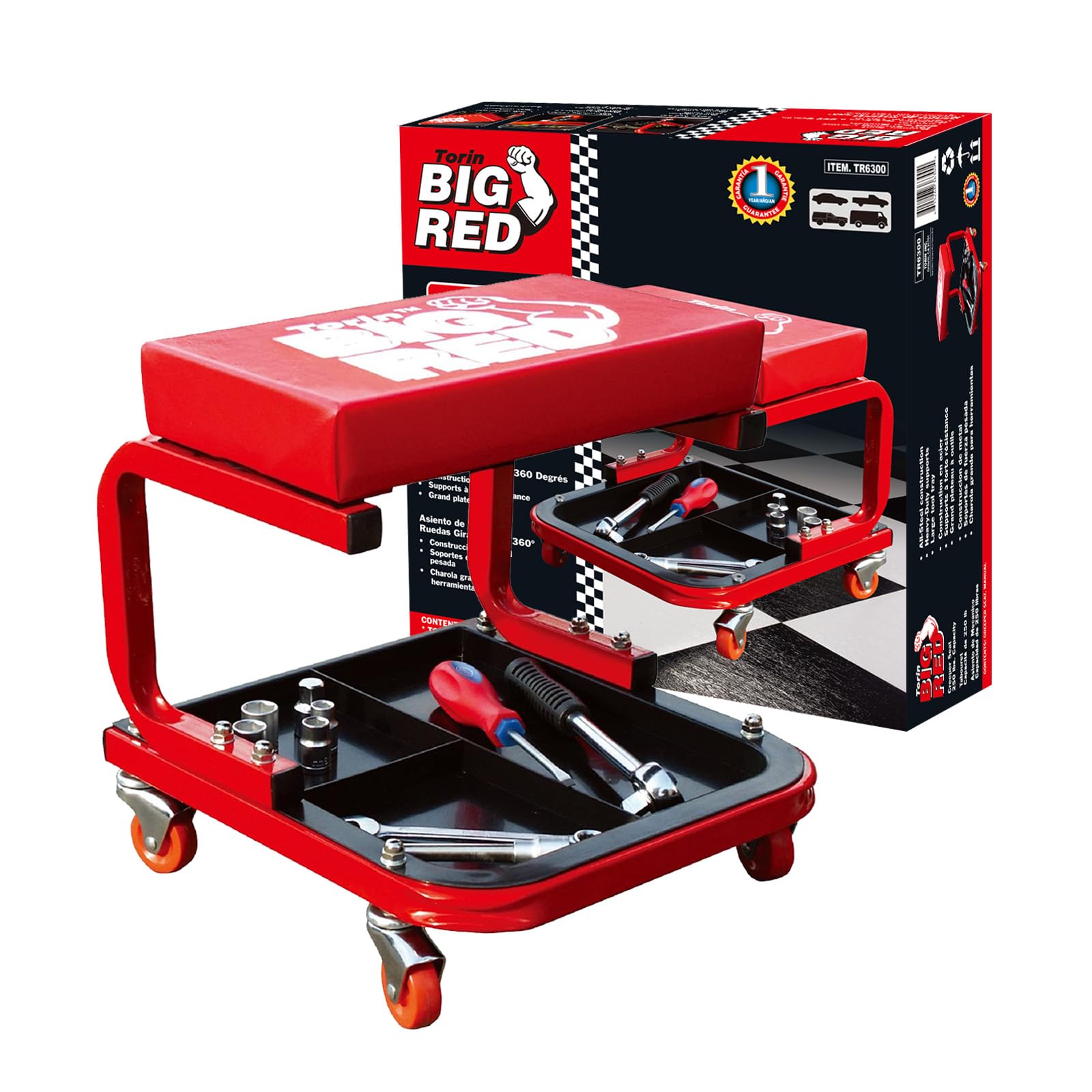 Big Red Torin 260Lbs Red Rolling Automotive Creeper Garage/Shop Seat: Padded Mechanic Stool With Tool Large Tray For Garages, Re