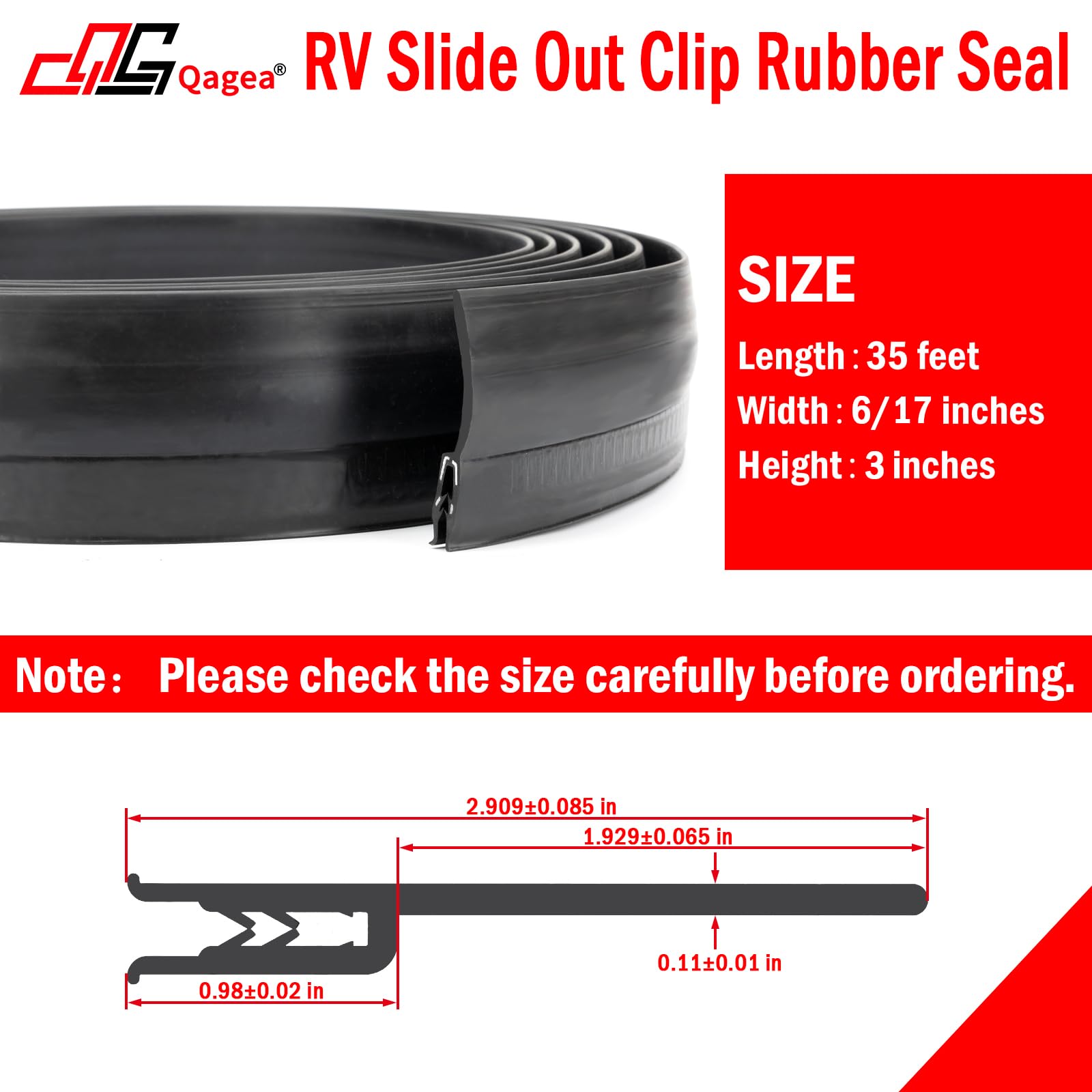Qagea RV Slide Out Clip Rubber Seal Weather Stripping 35 Ft - Model 018-546, Color 018-546