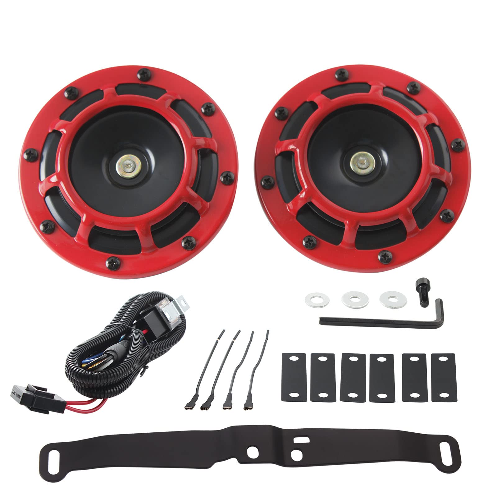 FARBIN Waterproof Car Horn Loud Super tone High Tone/Low Tone Metal Twin Horns Kit with Protective Grill (red horn with harness 