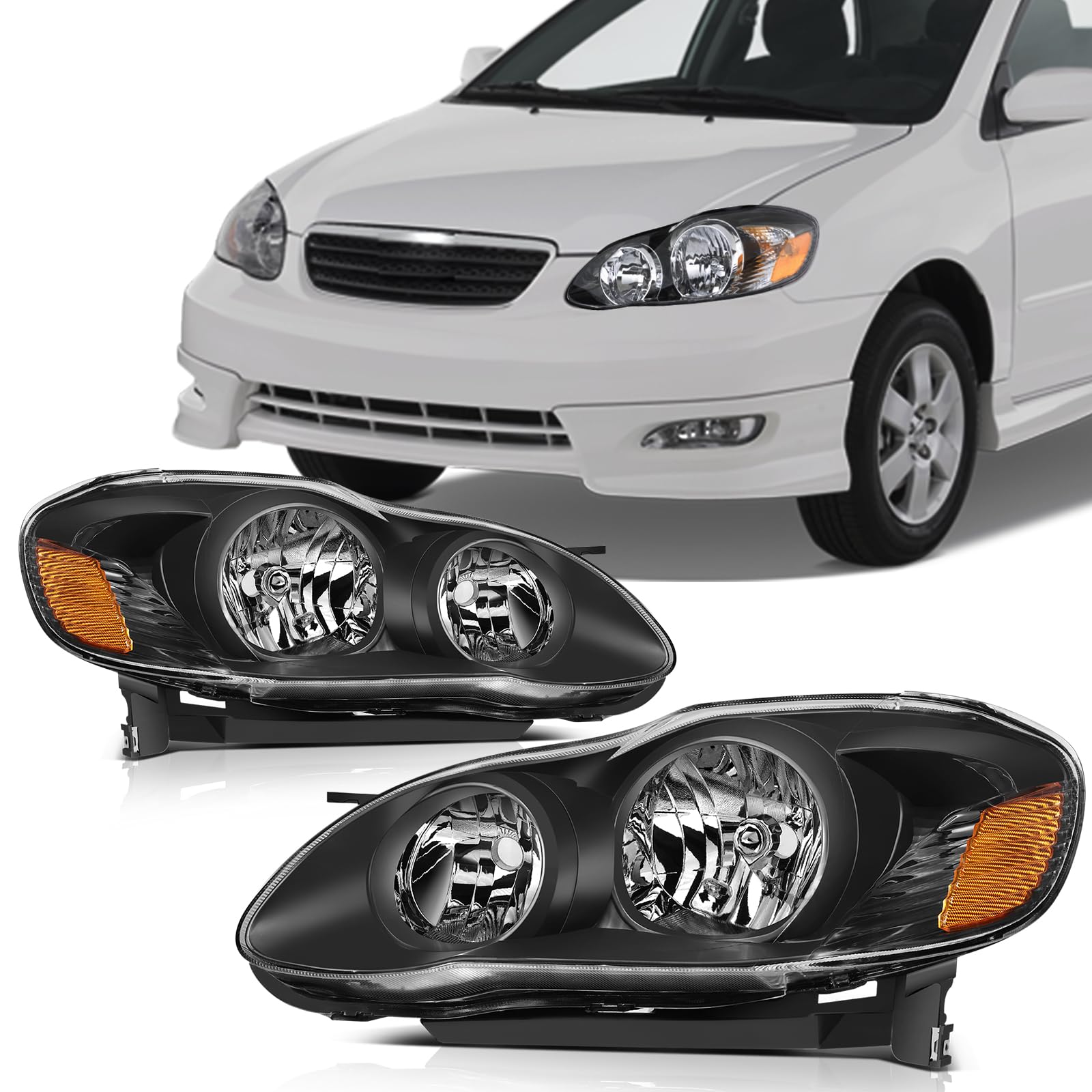 SCITOO Headlights For Toyota For Corolla 2003-2008 Headlamps Black Housing Amber Reflector Clear Lens Driver and Passenger Side