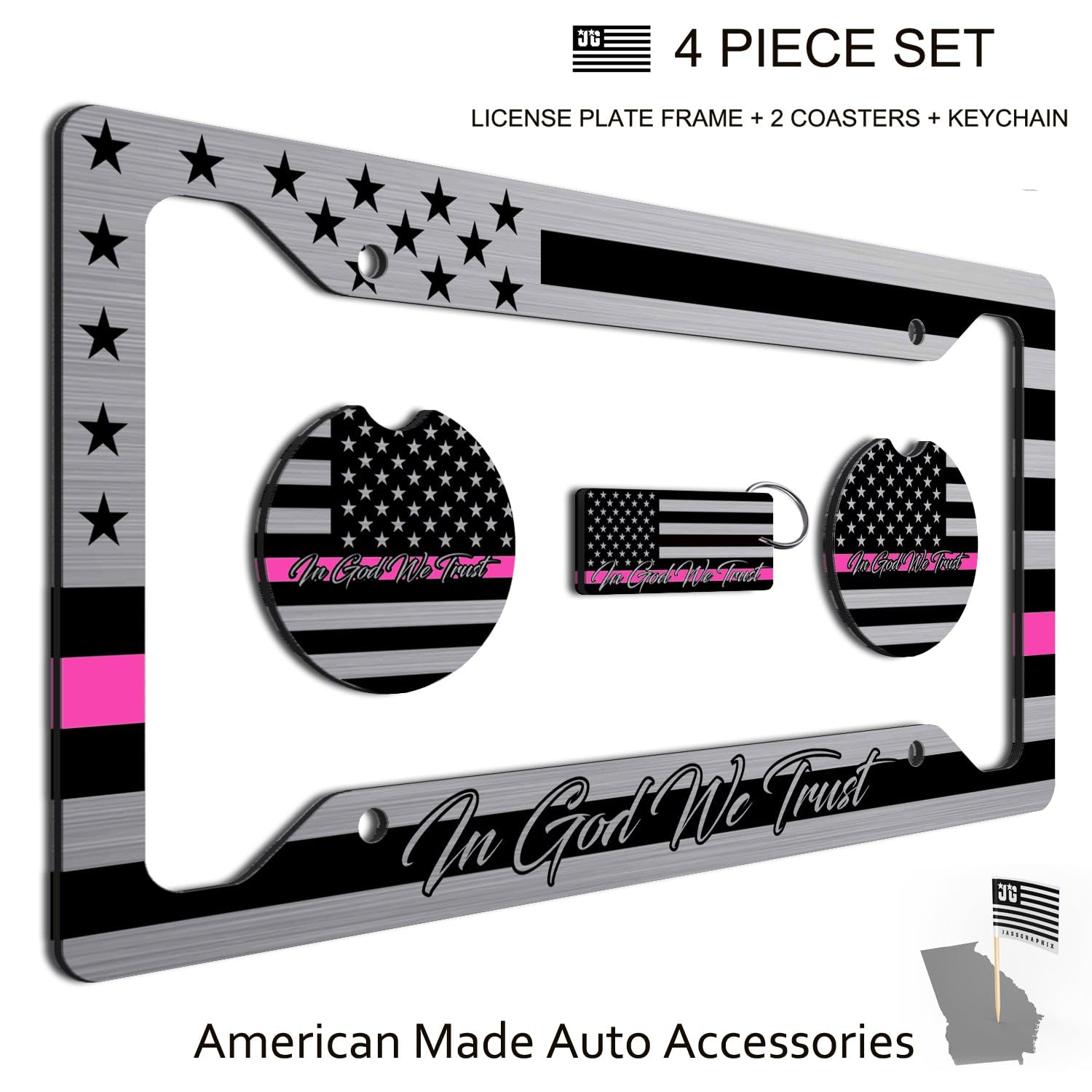 American Flag In God We Trust License Plate Frame + Pink Line Coasters + Keychain - Perfect For God And Country Lovers - Tactica