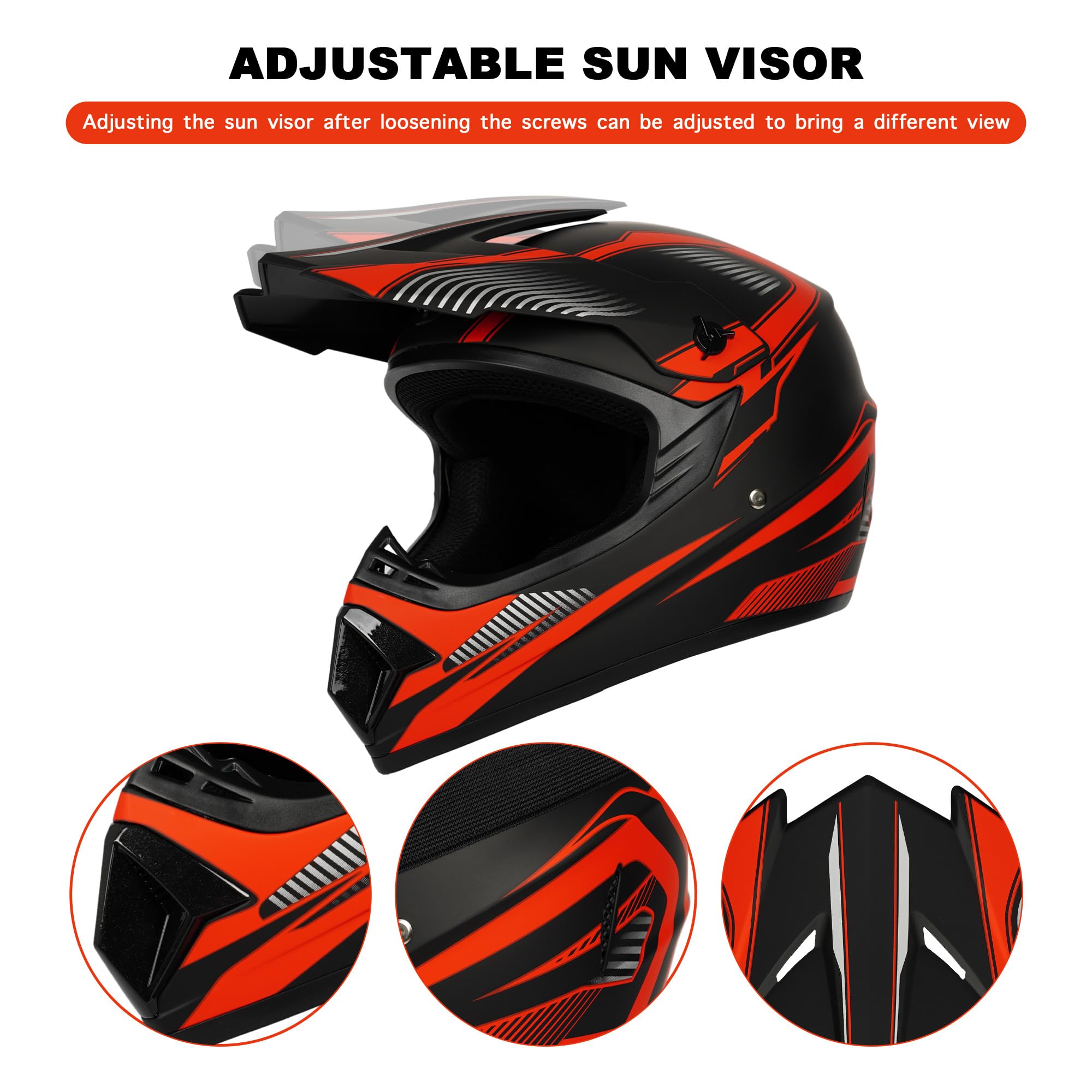 Yesmotor Youth Dirt Bike Helmet Set - Includes Gloves, Goggles, Mask, Large, Red, Premium Safety Gear, DOT Approved