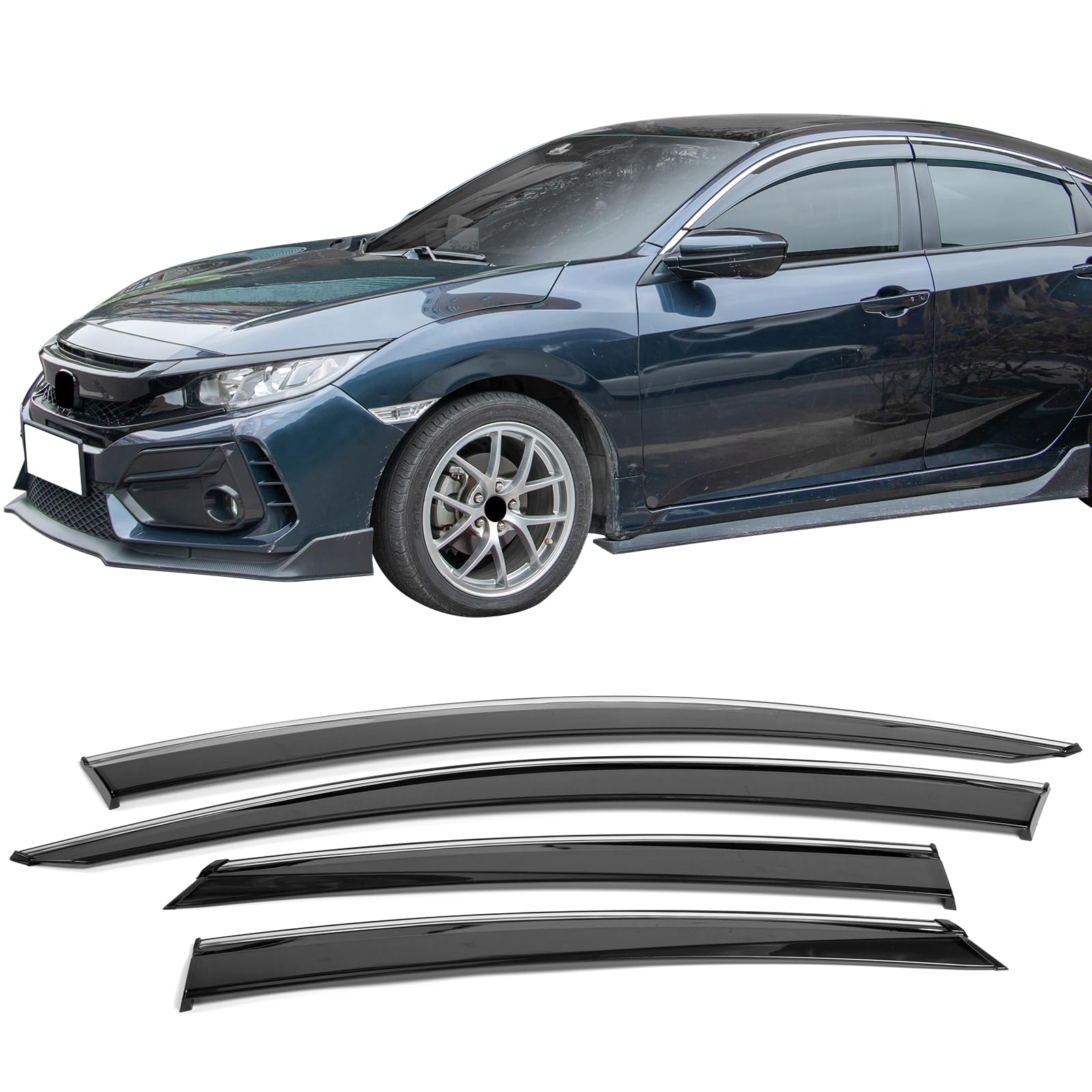 Window Visor Compatible With 2016-2021 Honda Civic, Factory Style Injection W Chrome Trim Pc Rain Guard Shade By Ikon Motorsports, 2017