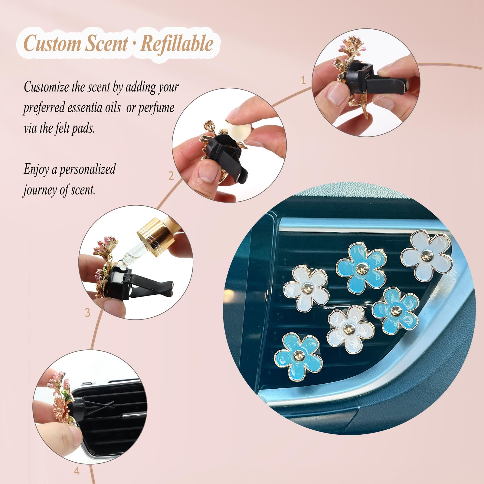 ORIESSE 6pcs Car Air Freshener Clips - Blue & White Daisy, 3.3cm/3cm, Refillable Vent Decor for Women, Model ORICVABIRD