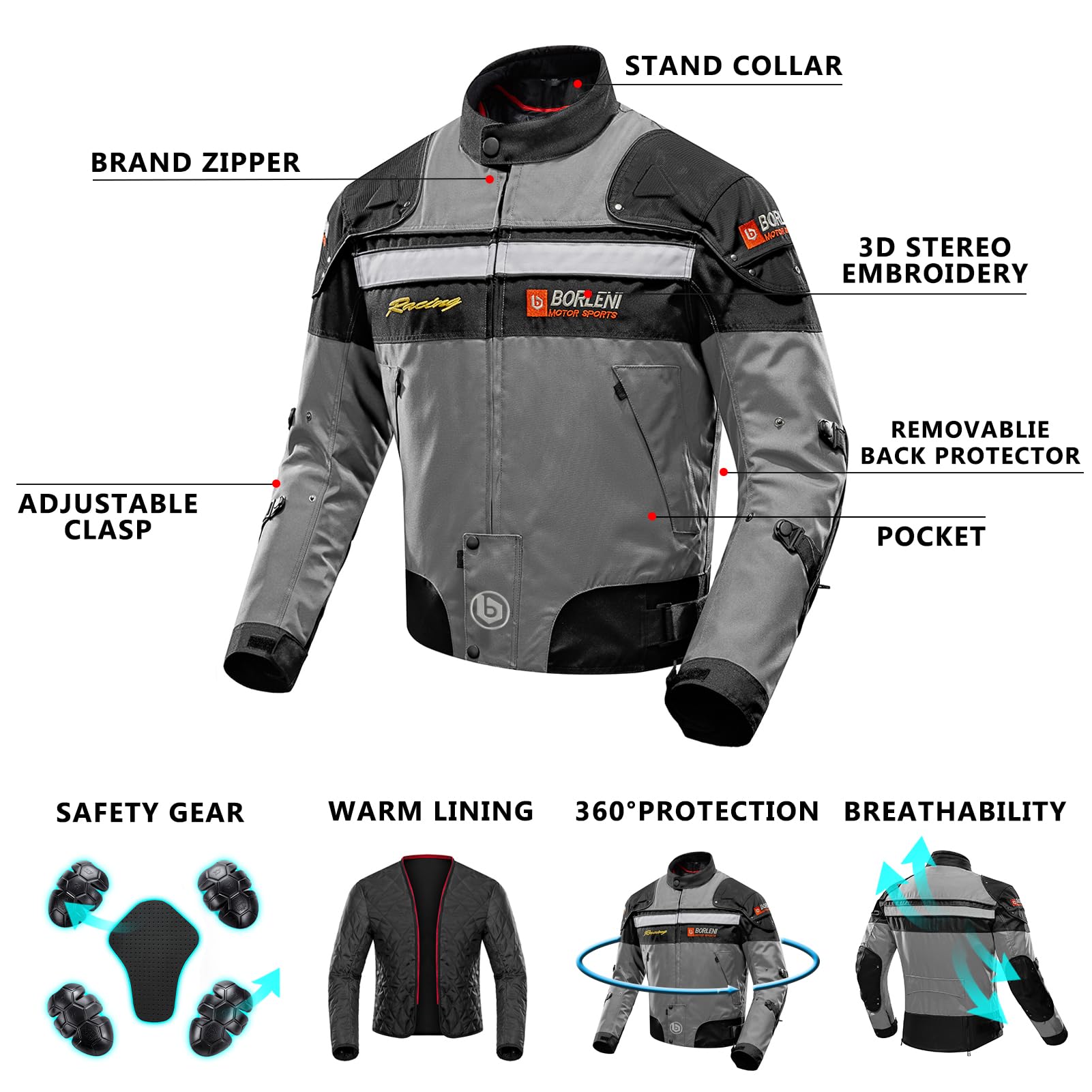 Borleni Motorcycle Jacket Motorbike Riding Jacket Windproof Motorcycle Full Body Protective Gear Ce Armor All Season Gray L