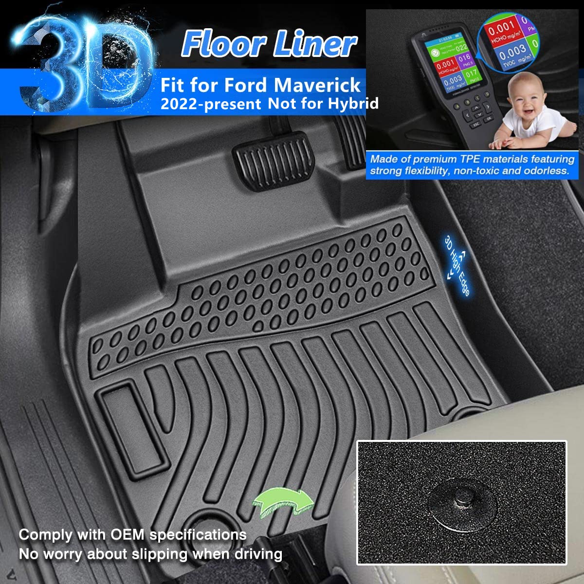 Cartist Floor Mats Custom Fit For Ford Maverick 2022 2023 2024 2025 (Not Fit Hybrid) All Weather Floor Liners 3D Front & 2Nd Row