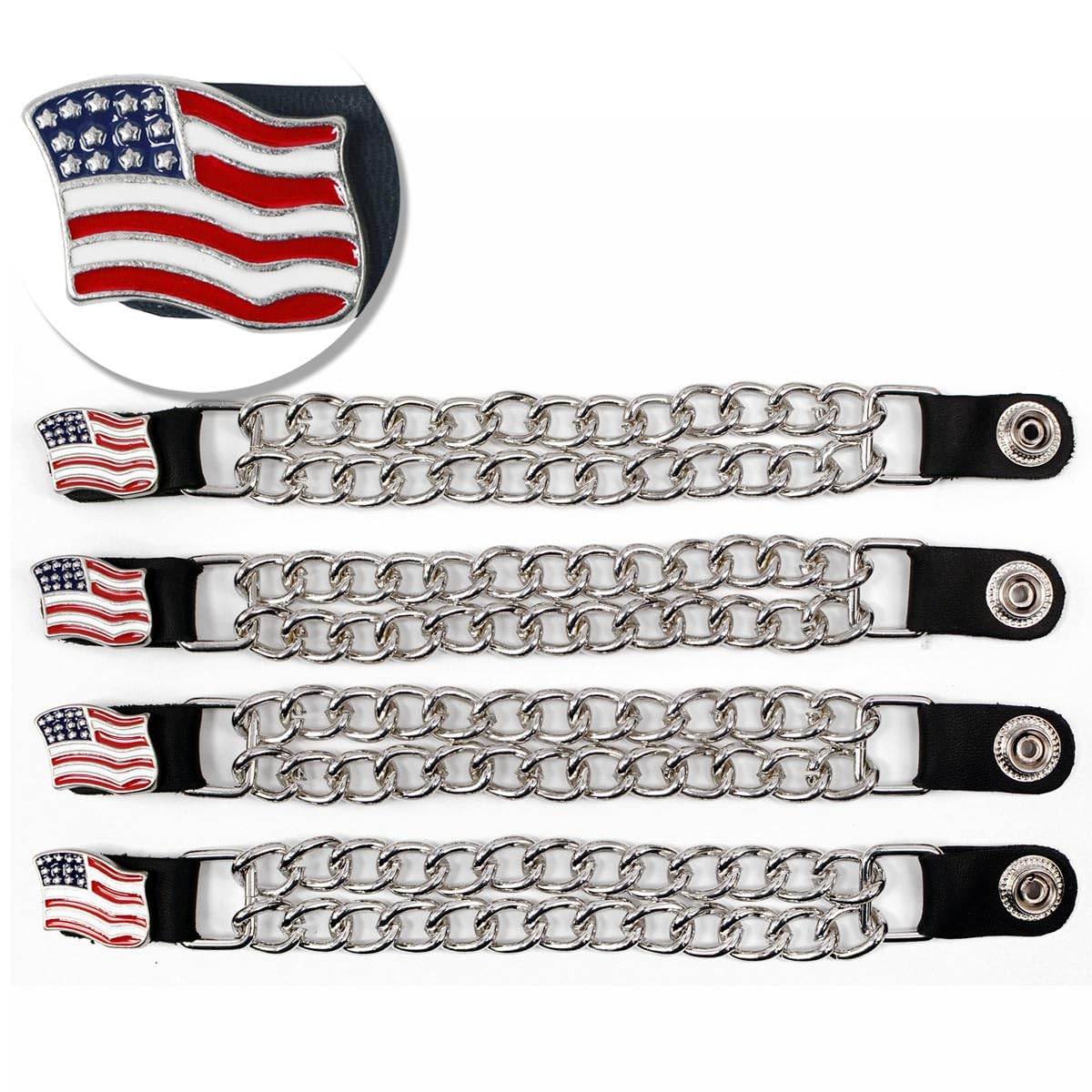 Milwaukee Leather American Flag Medallion Vest Extender - Double Chrome Chains Genuine Leather 8.5'' Extension 4-PCS MLA6042SET 