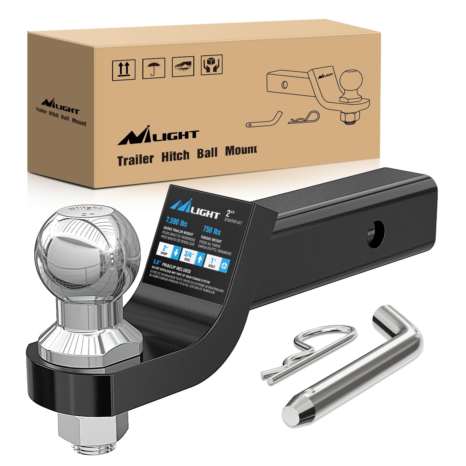 Nilight Trailer Hitch Ball Mount with 2-Inch Trailer Ball & 5/8 Hitch Pin Clip Fits 2-in Receiver 7500 lbs 2 Drop