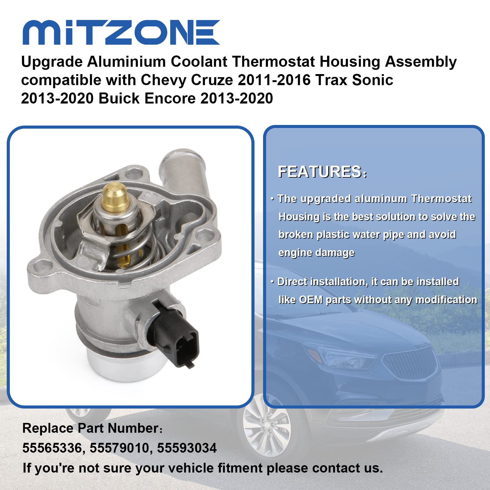 MITZONE Aluminum Coolant Thermostat Housing for Chevy Cruze 2011-2016, Trax Sonic 2012-2020, Buick Encore 2013-2019, Replace 252004