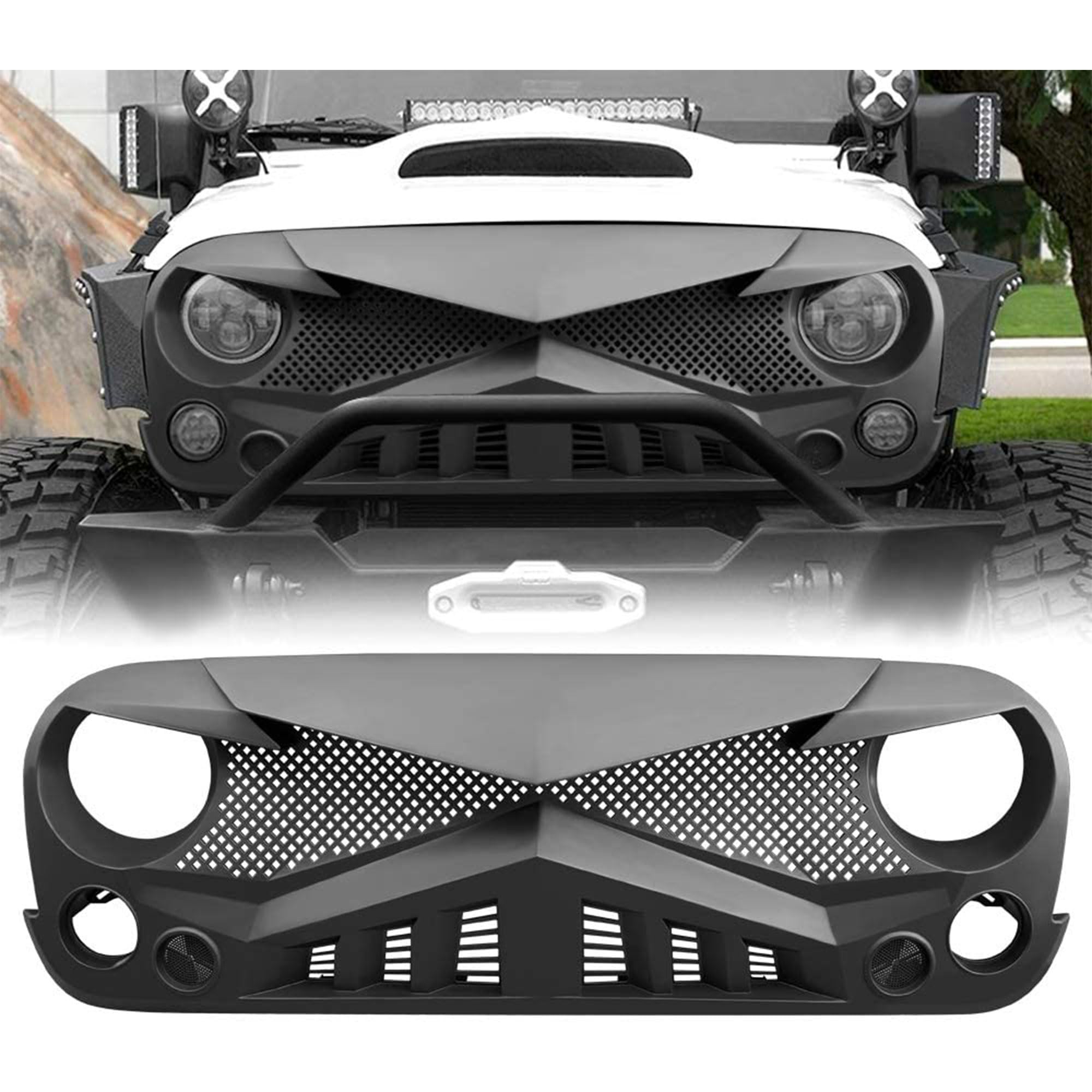 AM AMERICAN MODIFIED Hawke Front Grille Cover for Jeep Wrangler JK/JKU 2007-2018, Matte Black, Durable Plastic, Model AMJPAA00114