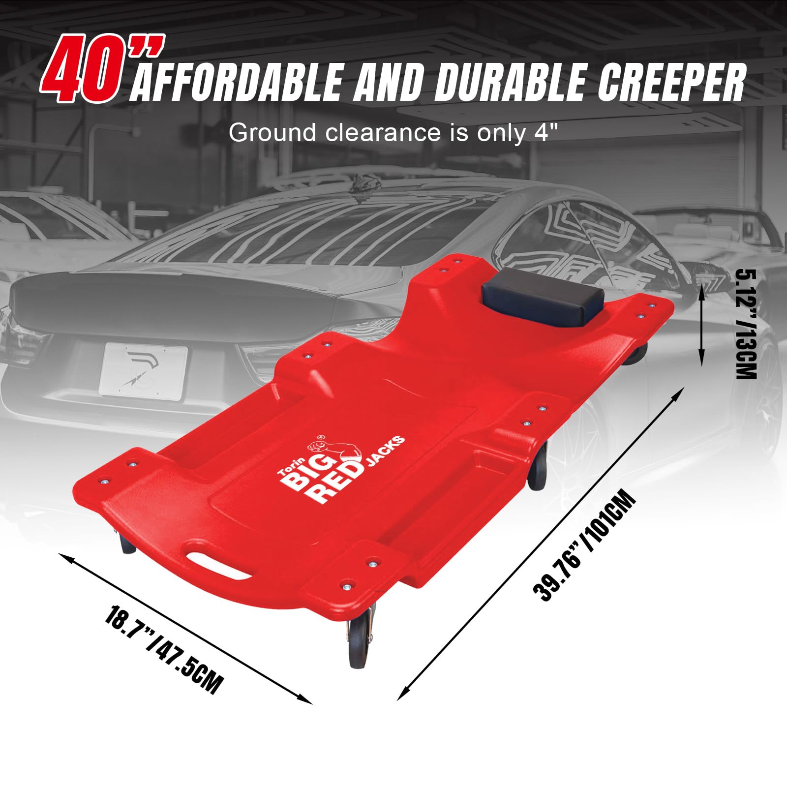 Big Red Torin Blow Molded Plastic Rolling Garage/Shop Creeper: 40'' Mechanic Cart With Padded Headrest, Dual Tool Trays And 6 Ca