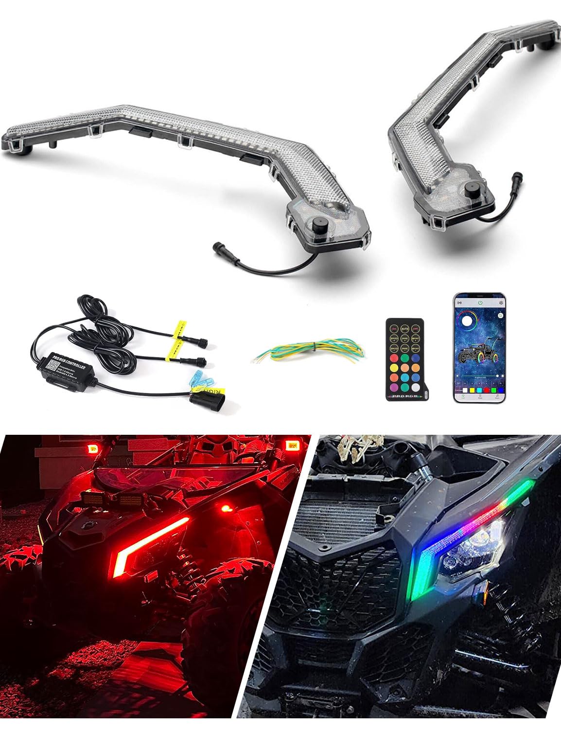 Chelhead X3 Led Fang Lights, RGB APP Remote Controlled, Turning Light Chasing Color Front Signature Light Assembly Compatible wi