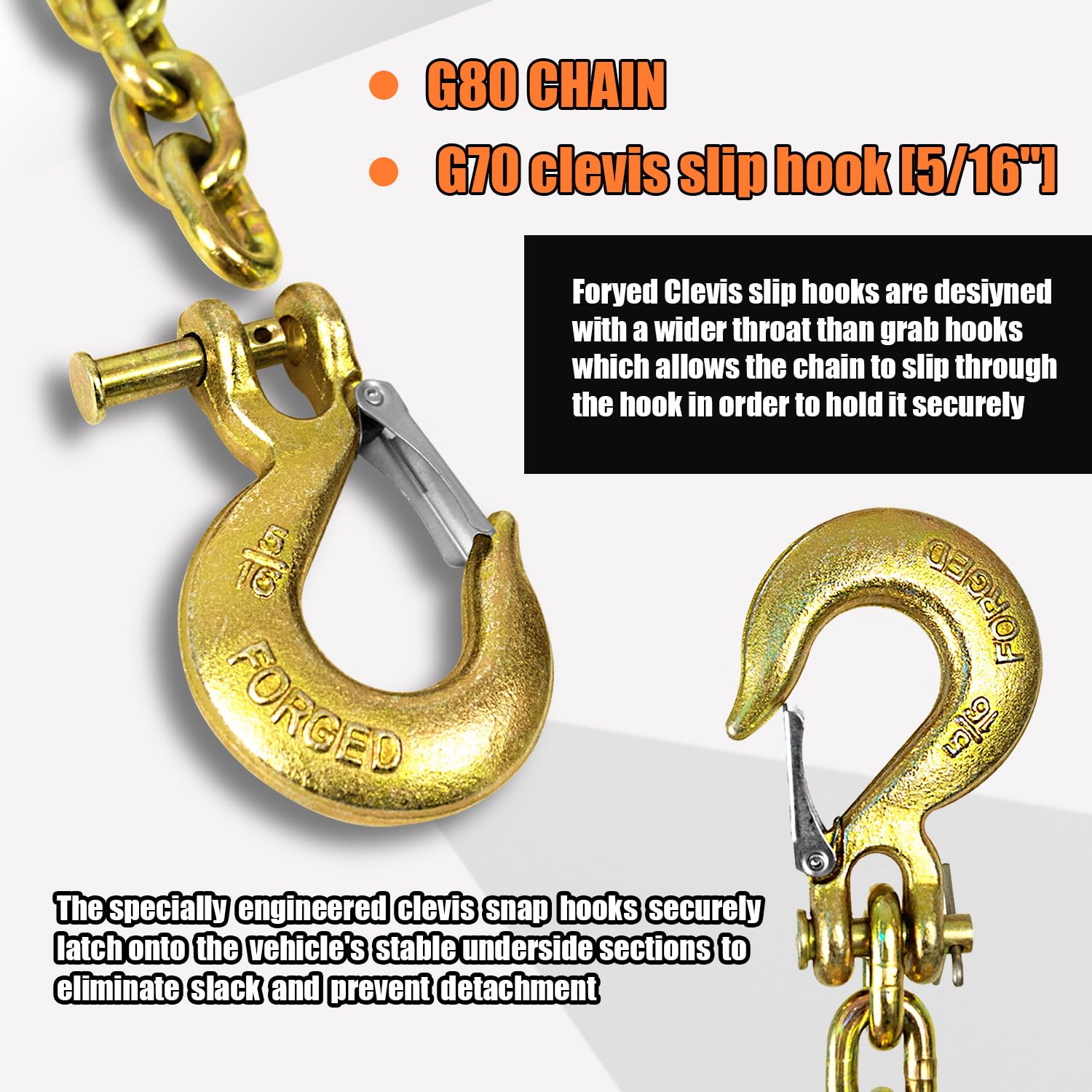 TKK 2-Pack Grade 80 Trailer Safety Chain, 36" Heavy-Duty Steel, 5/16" Clevis Snap Hook, Yellow, WLL 21,000 lbs for T