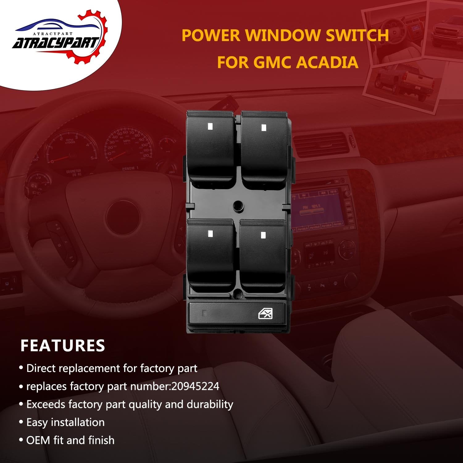 Driver Side Master Power Window Control Switch With Red Light For | 2007-2016 Gmc Acadia | Replaces Part# 20945224