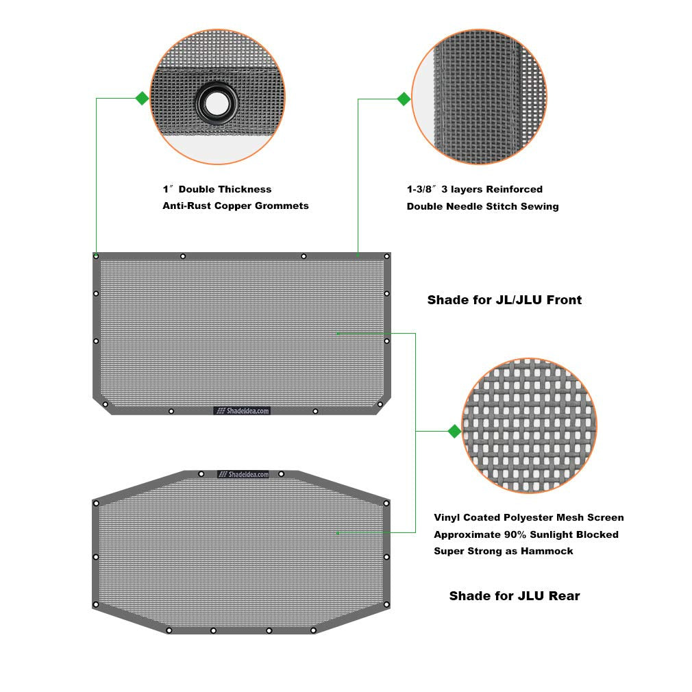 Shadeidea Sun Shade Top For Jeep Wrangler Jl Unlimited (2018-2023) 4 Door Front And Rear 2 Piece-Gray Mesh Screen Sunshade Jlu T