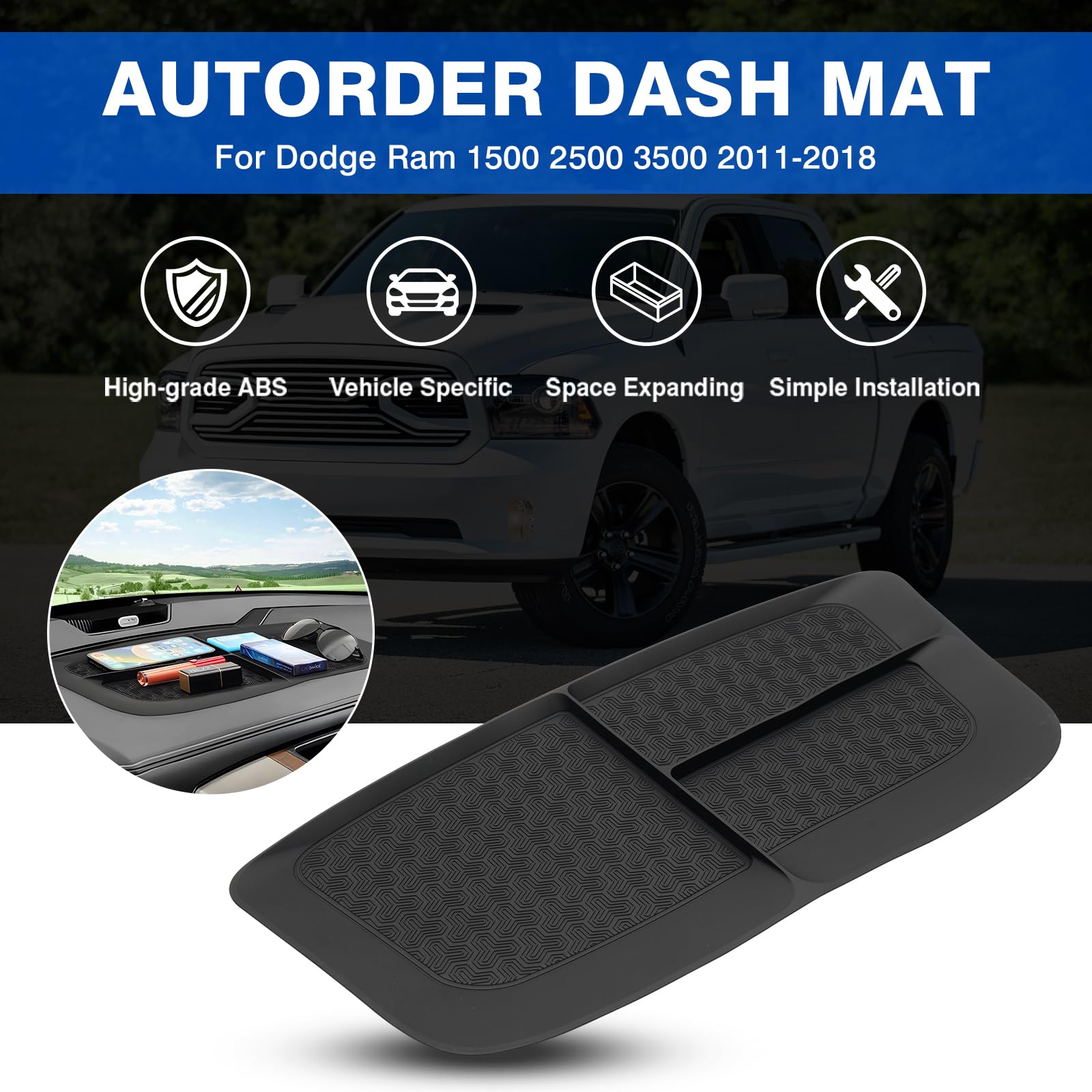 Autorder Dash Mat - Non-Slip Silicone Dashboard Cover for 2011-2018 Dodge Ram - Black, Model HN11K0201, Resists Glare & Holds Essentials