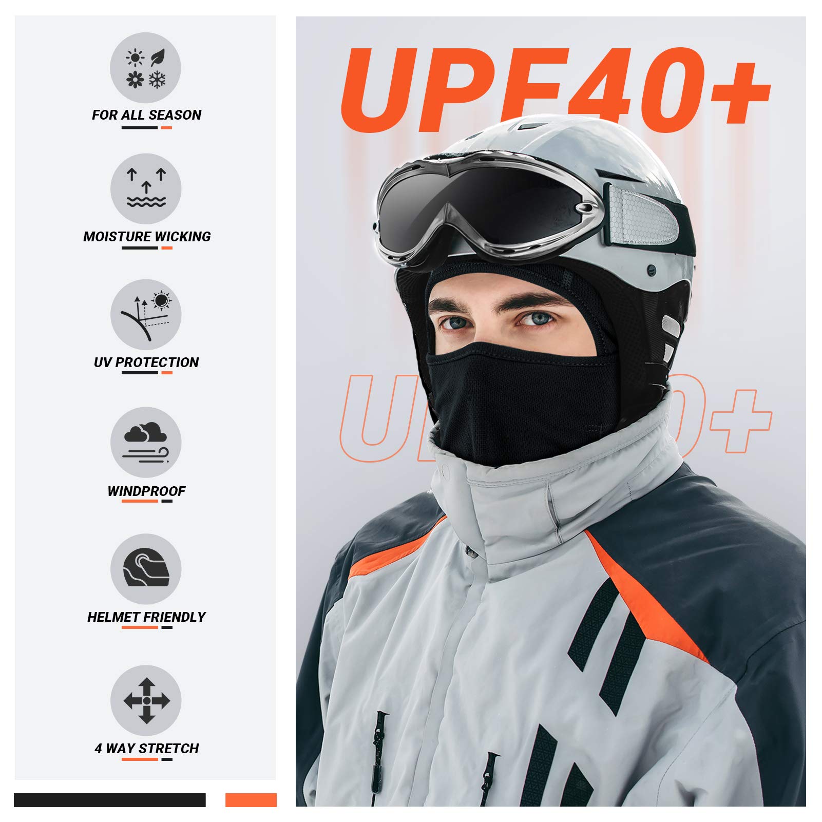 VULKIT Balaclava Face Mask, UV Protection, Lightweight, One Size, Black, Model BA101