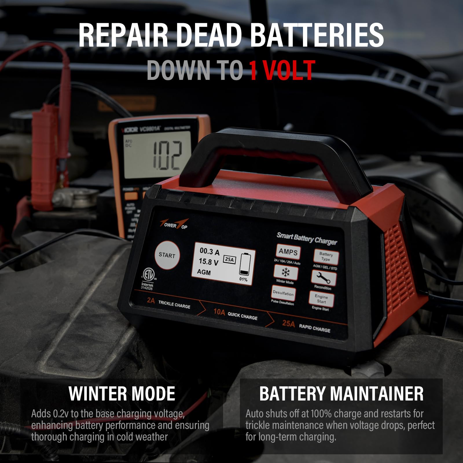 TowerTop 12V Smart Car Battery Charger, 25A Fully Automatic Maintainer with Engine Start & Auto Desulfator for AGM, STD, Gel, Deep Cycle Batteries