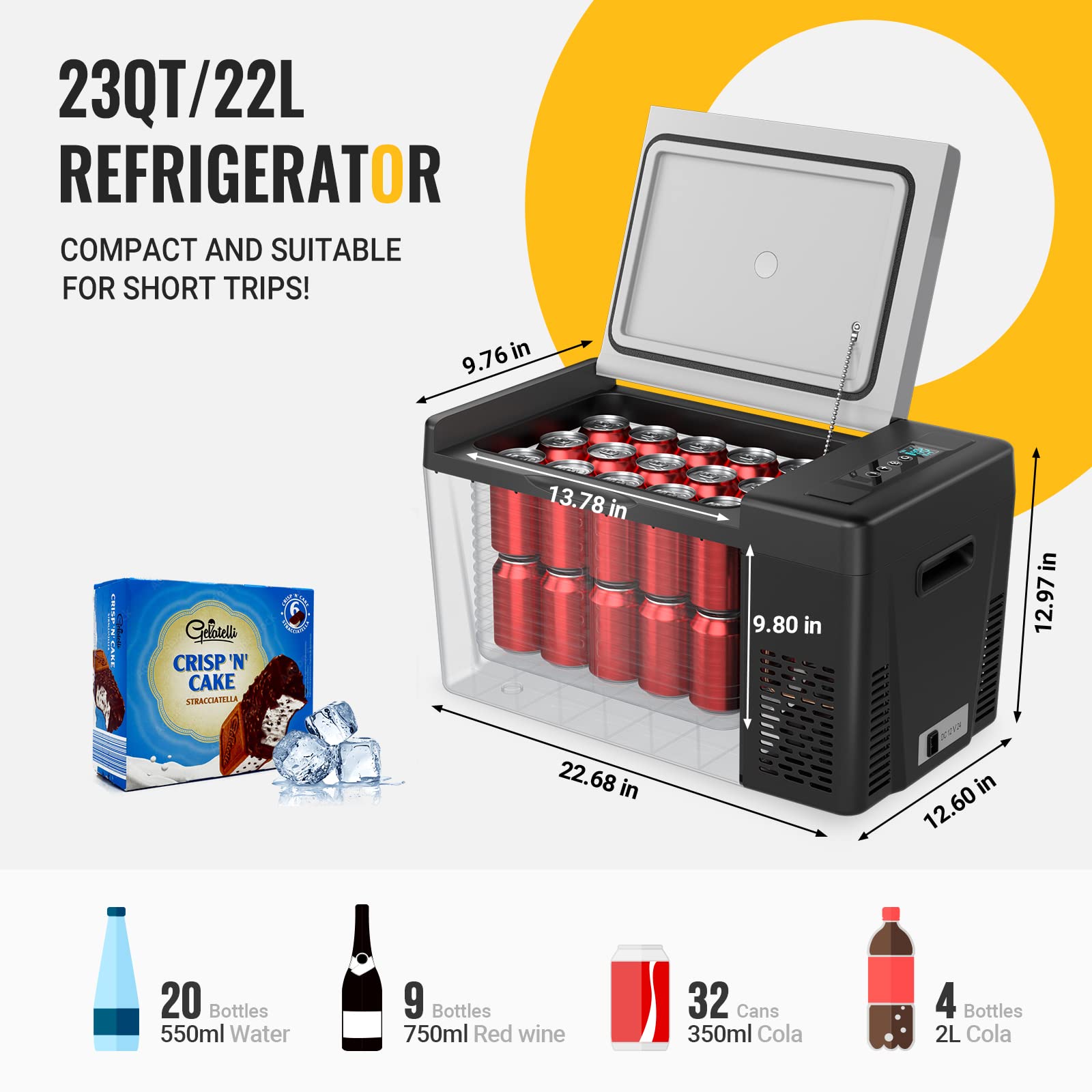 BougeRV 12V Car Refrigerator 23 Quart Portable Freezer Cooler -7℉ to 50℉ Black Model CR22 for RV, Truck, Boat, Camping