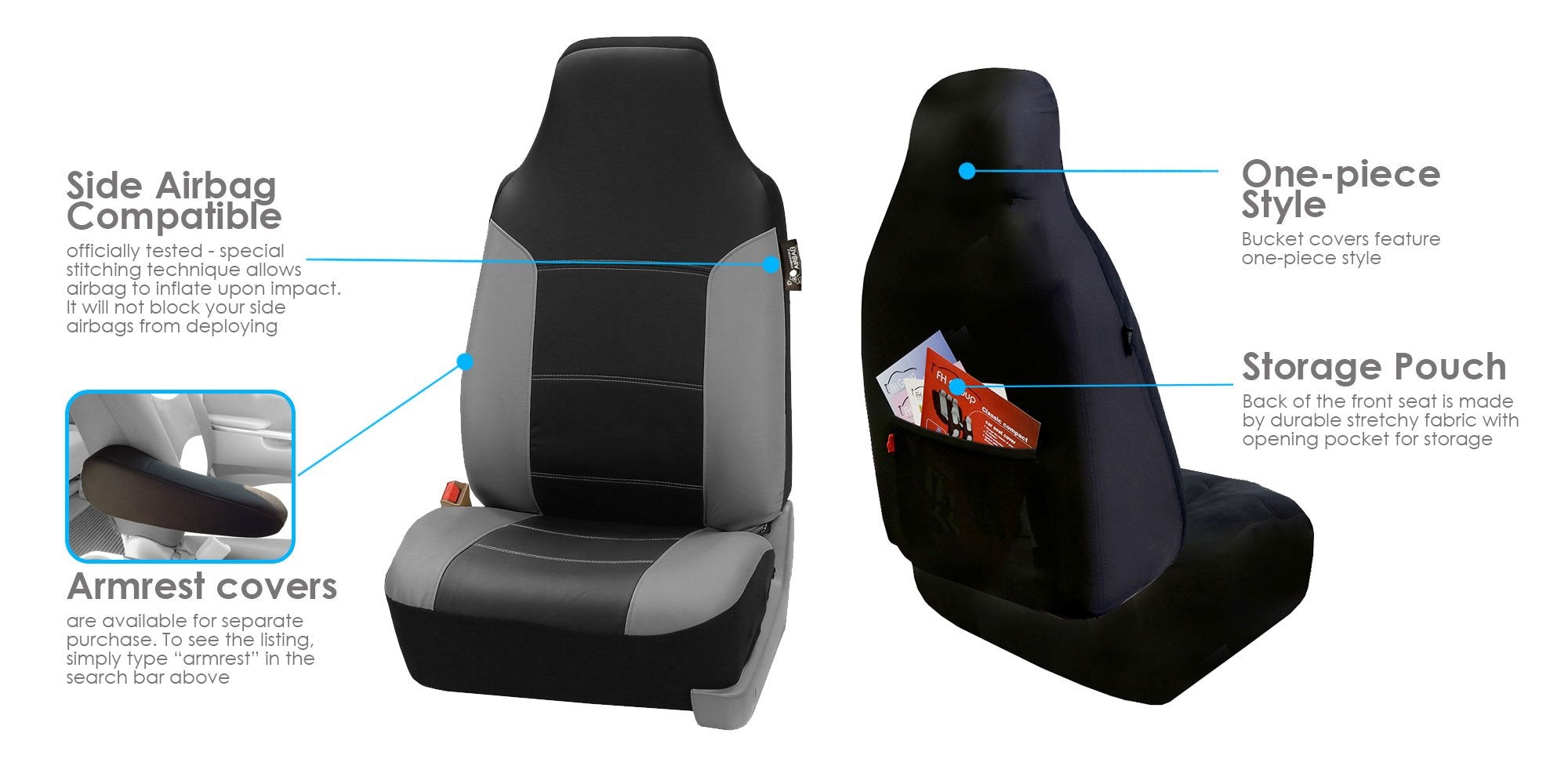 FH Group Car Seat Covers Full Set Royal Seat Cover-Universal Fit Gray, Automotive Seat Covers, 1-Piece Front Seat Covers, Airbag