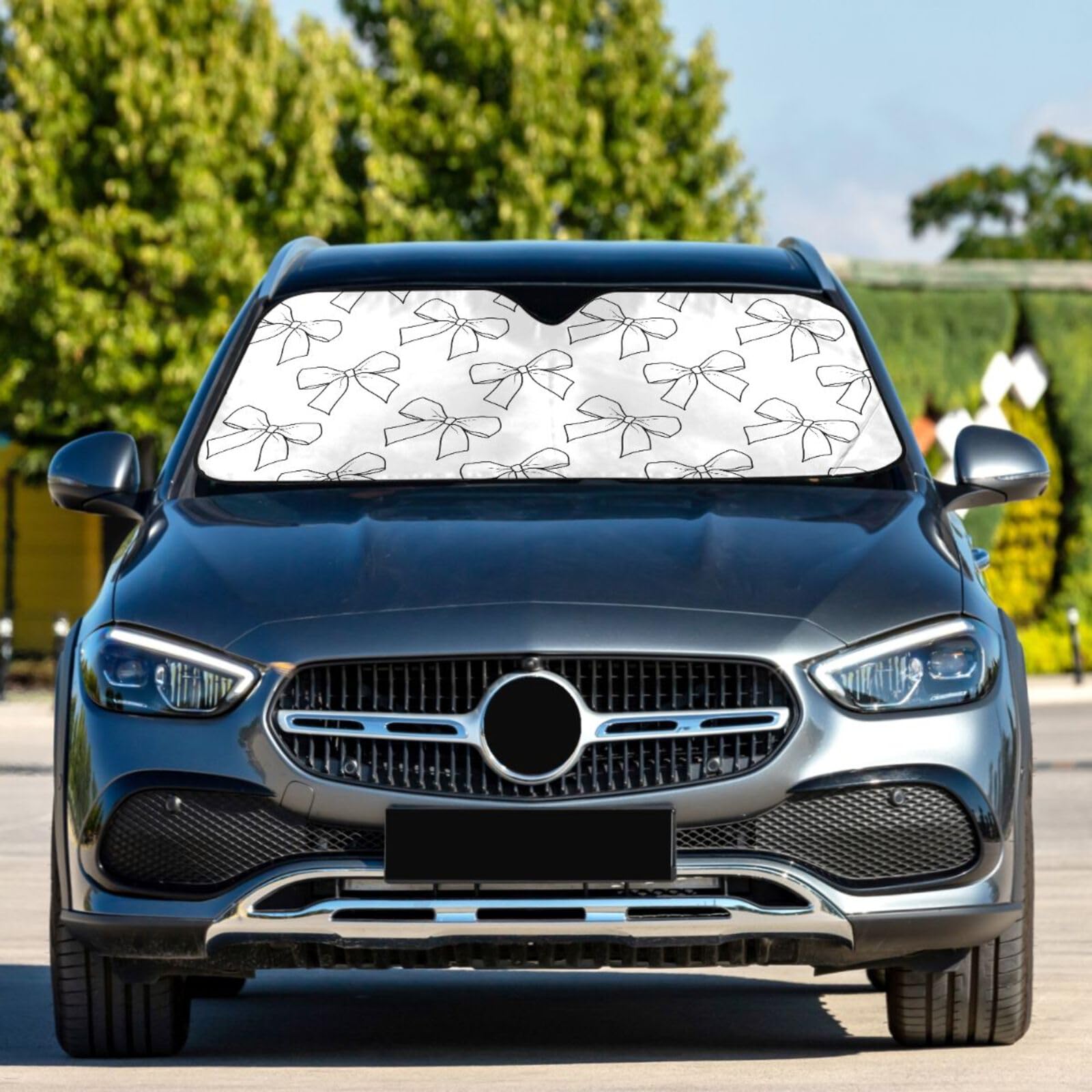 Oarencol Car Windshield Sun Shade Black And White Ribbon Bows Foldable Uv Ray Sun Visor Protector Sunshade To Keep Your Vehicle