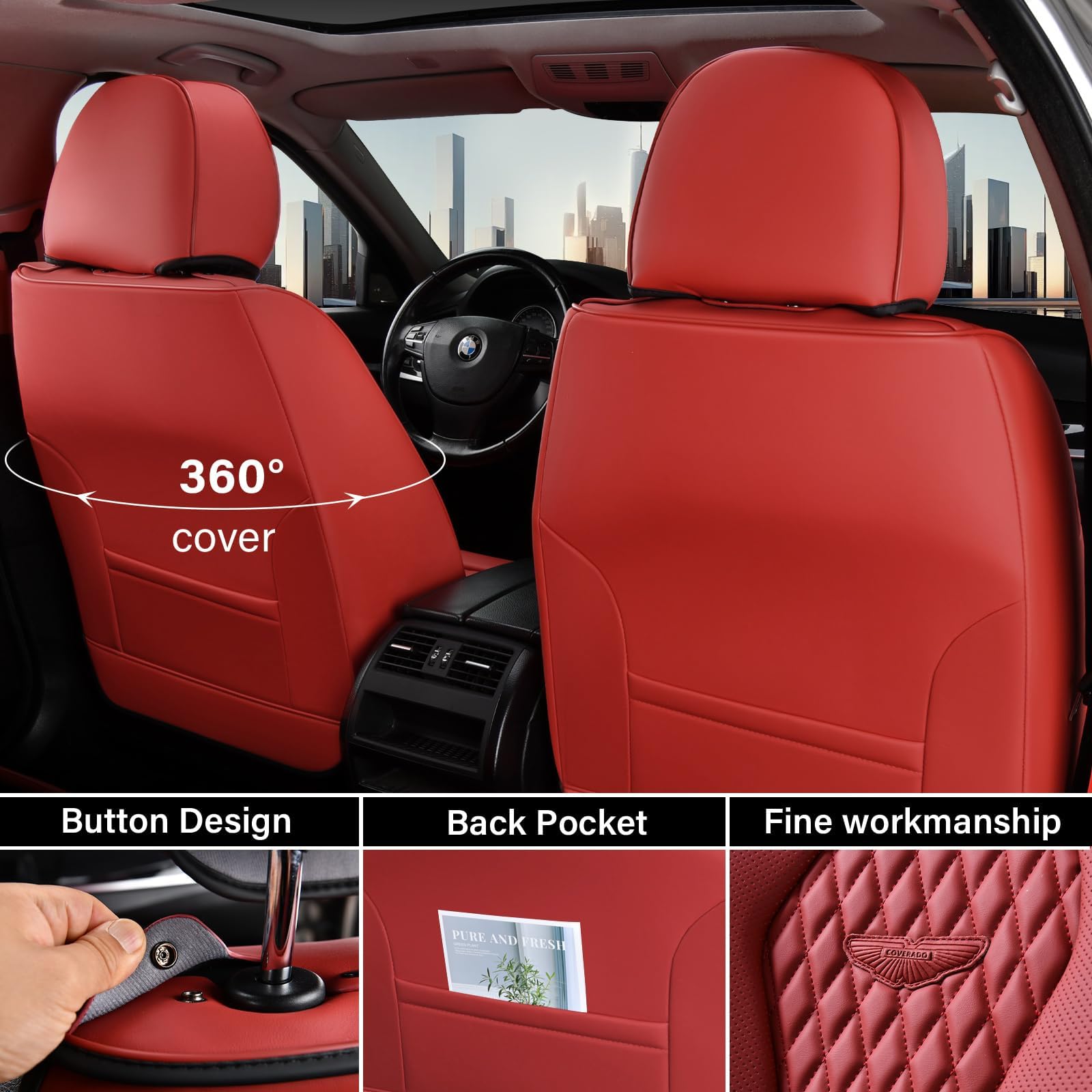 Coverado Leather Seat Covers Full Set, 5 Seats Universal Waterproof Luxury Leatherette Cushions For Cars, Front And Rear Seat Pr