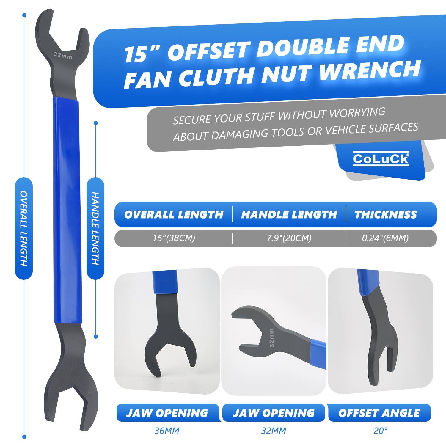 CoLuck Fan Clutch Wrench Set - 32mm & 36mm, Water Pump Holder Tool, Blue Handle, Rubber Material, For BMW, Ford, GM, Dodge, Jeep