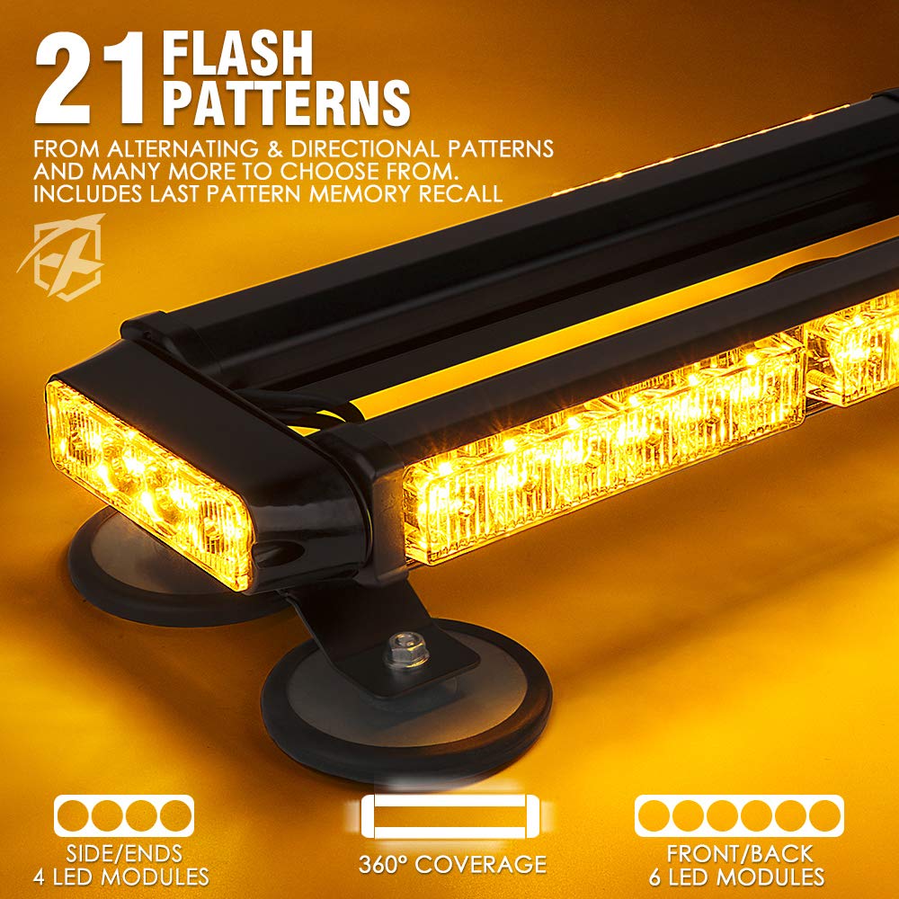 Xprite Amber 32 Led Strobe Flashing Light Bar, 21 Flash Modes 14.5 Inch Emergency Hazard Warning Beacon Lights With Magnetic Bas
