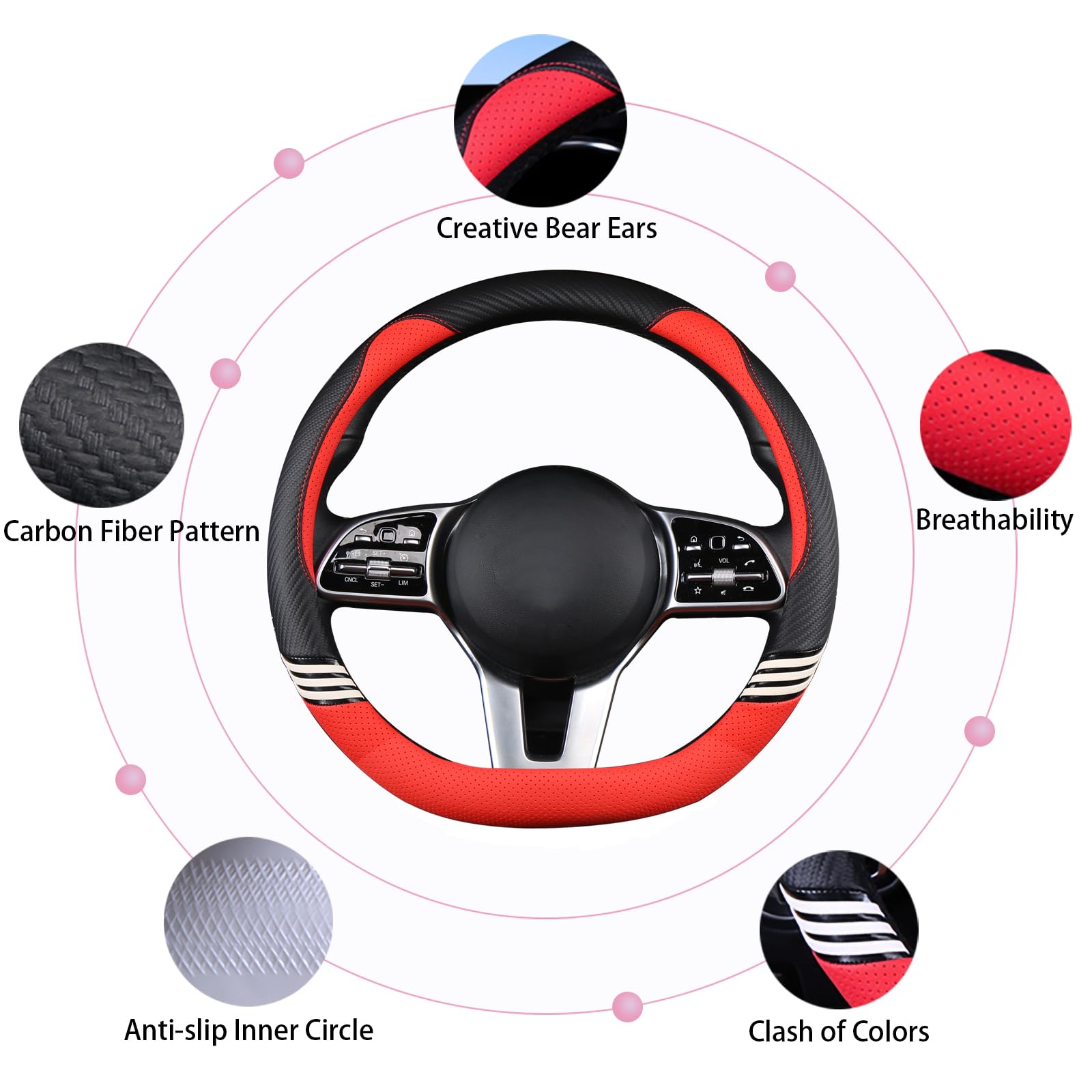 Binsheo Cute Steering Wheel Cover D Shape For Girls Women Universal 15 Inch,Black And Red