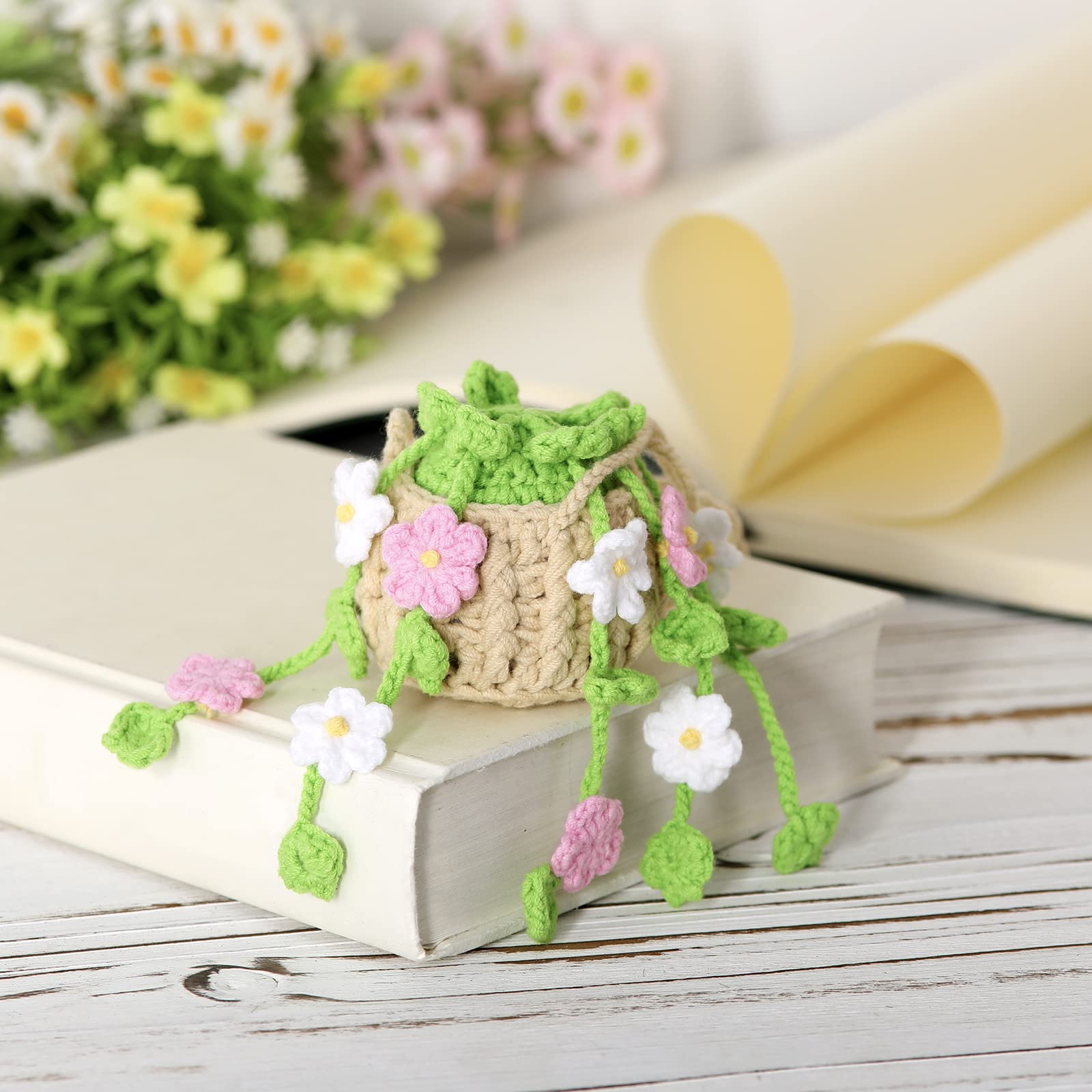 Vansolinne Cute Car Accessories Crochet Hanging Basket Flower Plant Car Ornament For Rearview Mirror Decor Interior Aesthetic Pl