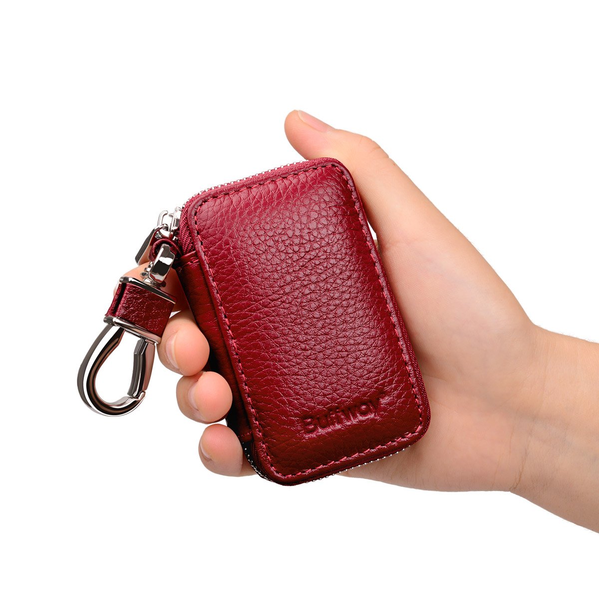 Buffway Car Key Chain Bag,Genuine Leather Car Keychain Coin Holder Metal Hook and Keyring Wallet Zipper Case for Auto Remote Key
