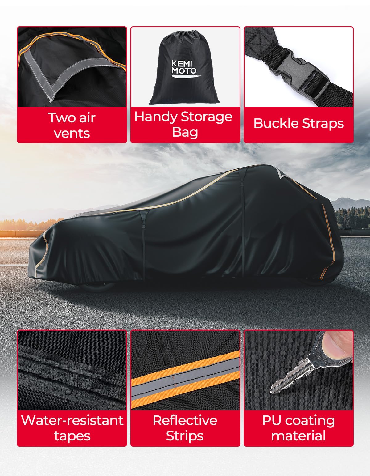 KEMIMOTO Waterproof Full Cover for 2023-2024 Polaris Slingshot, X-Large, Black, 420D Oxford, Model B1501-01301BK, Windproof