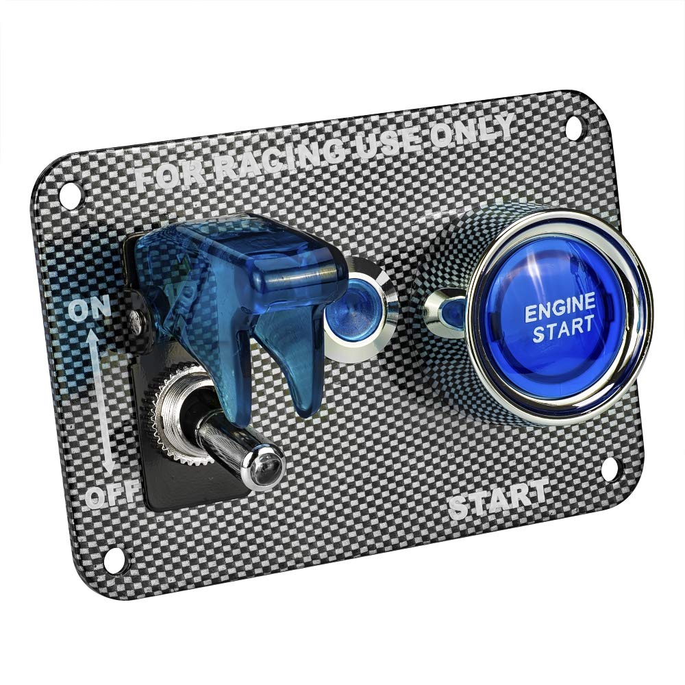 Jtron DC12V Racing Car Ignition Switch Panel Carbon Fiber Rocking Switch+Engine Start Push Button with Blue Indicator Light (Blu