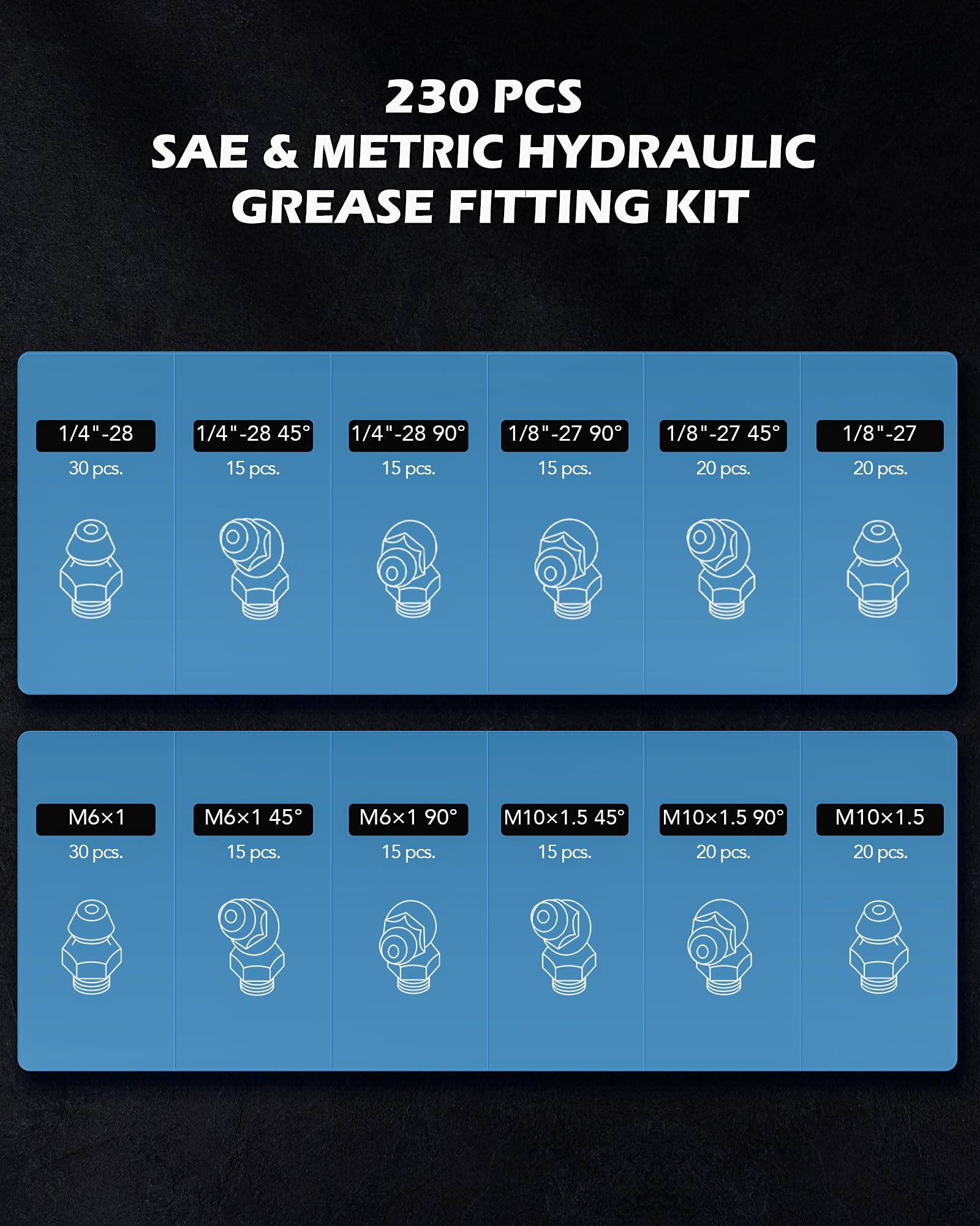 ZELCAN 230pc SAE & Metric Grease Fittings Kit - Galvanized Steel Zerk Assortment for Hydraulic Applications