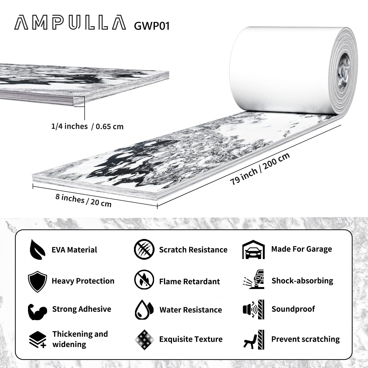 Ampulla Gwp01 Marble Grain Garage Wall Protector Car Door Protectors, Garage Accessories, Parking Stopper For Garage, Tool-Free,