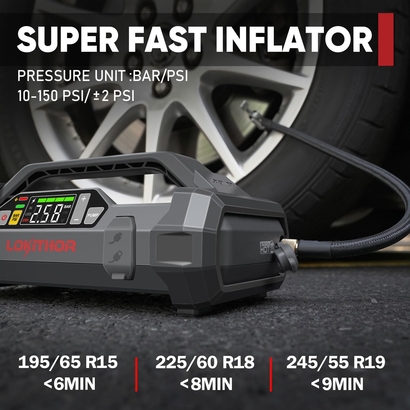 LOKITHOR JA301 Jump Starter & Air Compressor, 2000A, 150 PSI, Portable, Black, One Size, for Up to 8.0L Gas/6.0