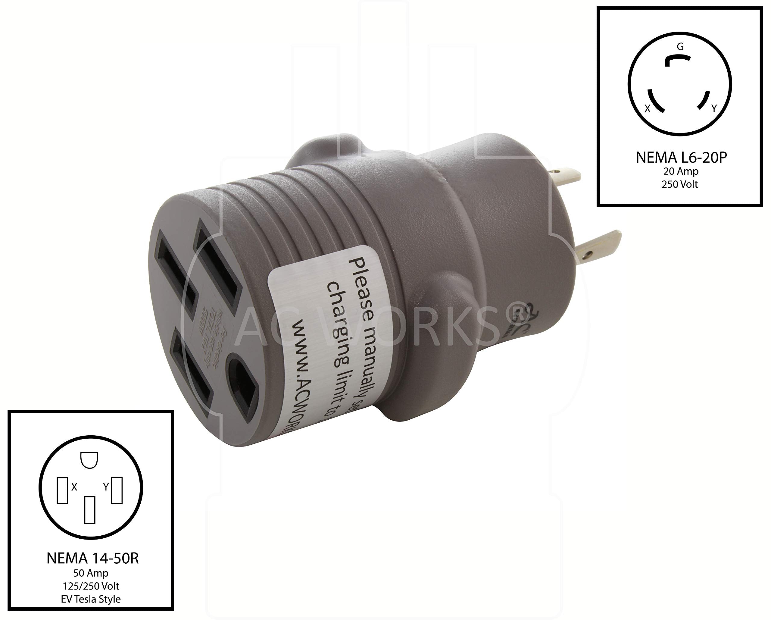 Ac Works Ev Charging Adapter For Tesla Use (L6-20 20A 250V 3-Prong To Tesla- Straight)
