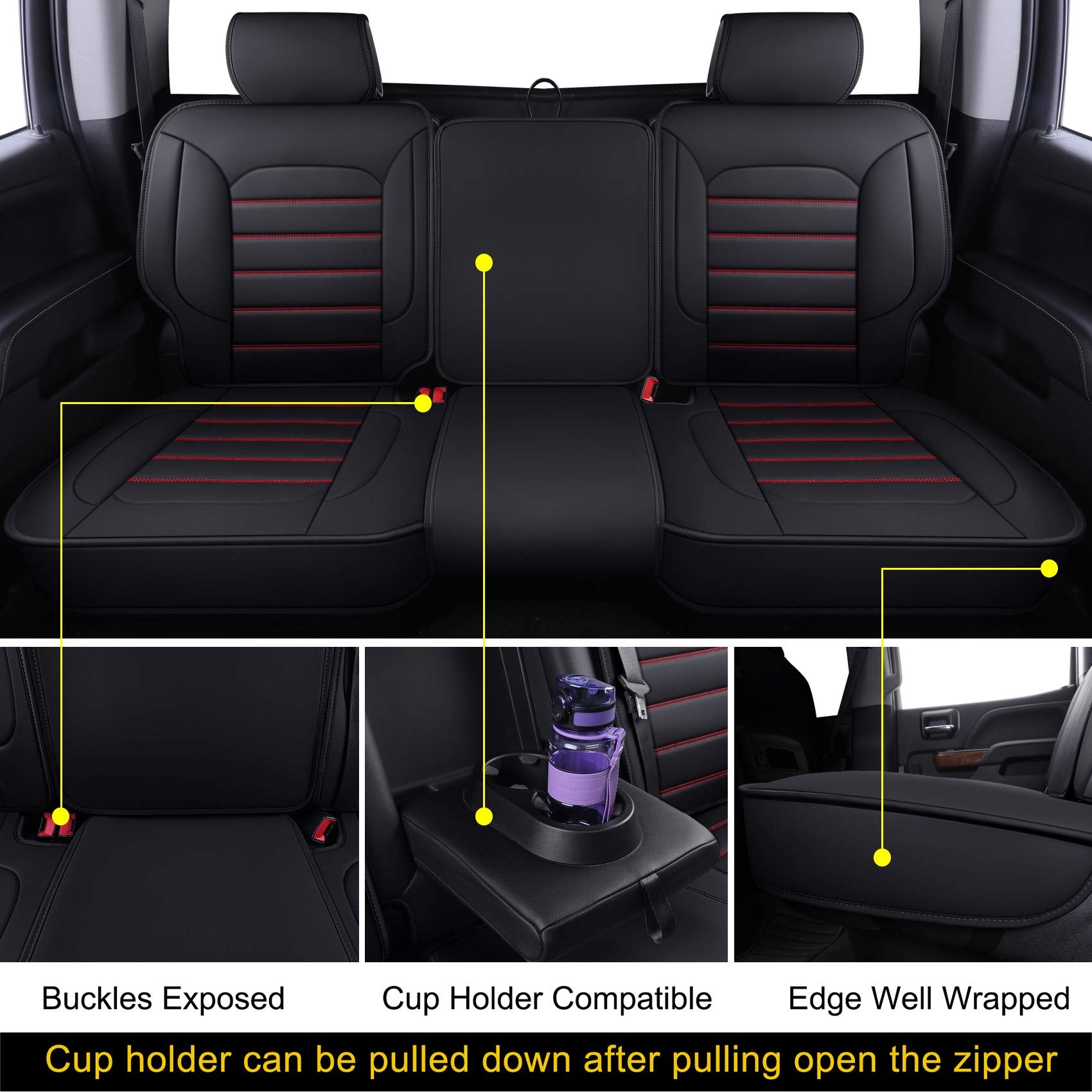 Luckyman Club Bench Silverado Seat Covers Fit For 2007-2023 Sierra Chevy Silverado 1500/2500 Hd / 3500 Hd Crew,Double,Extended Cab With Water Proof Faux Leather (Black & Red Rear Covers)