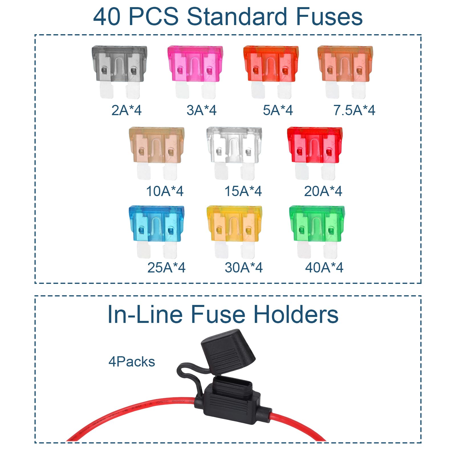 Anyongora 4 Packs 12AWG Inline Fuse Holder, Waterproof Automotive Blade Fuse Holder with 40 PCS Standard Fuses ATC/ATO (4 of Eac