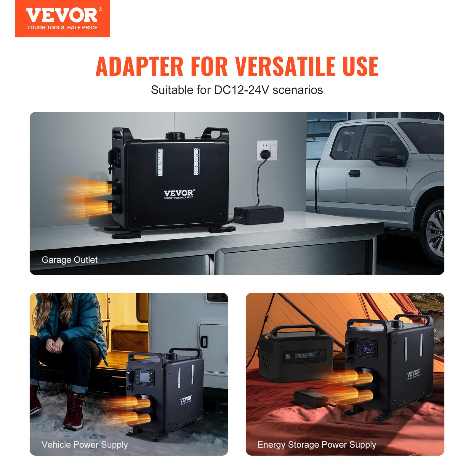 VEVOR 8KW Diesel Air Heater, 12V/24V, Bluetooth Control, CO Alarm, Portable, Black, Model CY5002