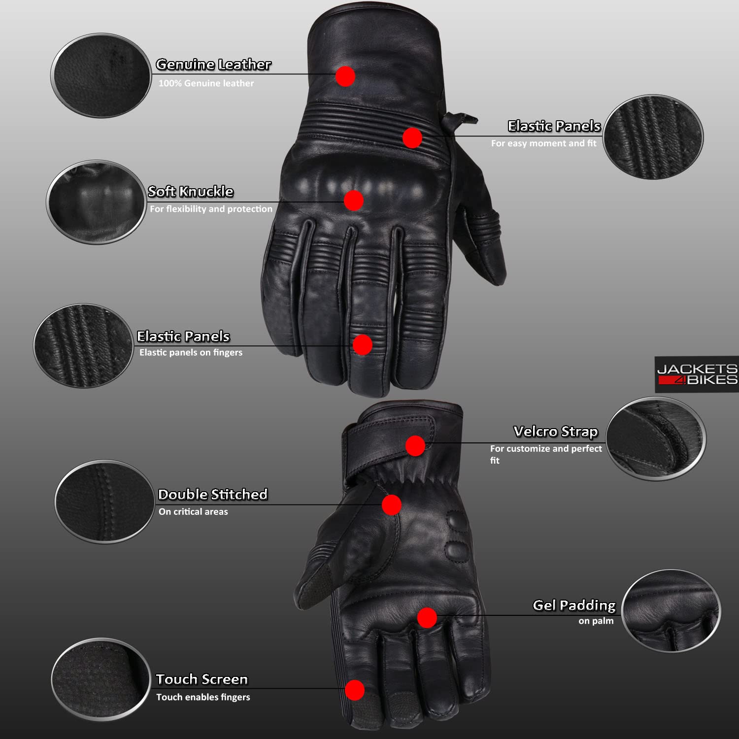 Jackets 4 Bikes Men's Motorcycle Gloves Premium Leather Street Protective Cruiser Gel Padded Driving Riding Biker Gloves Black L
