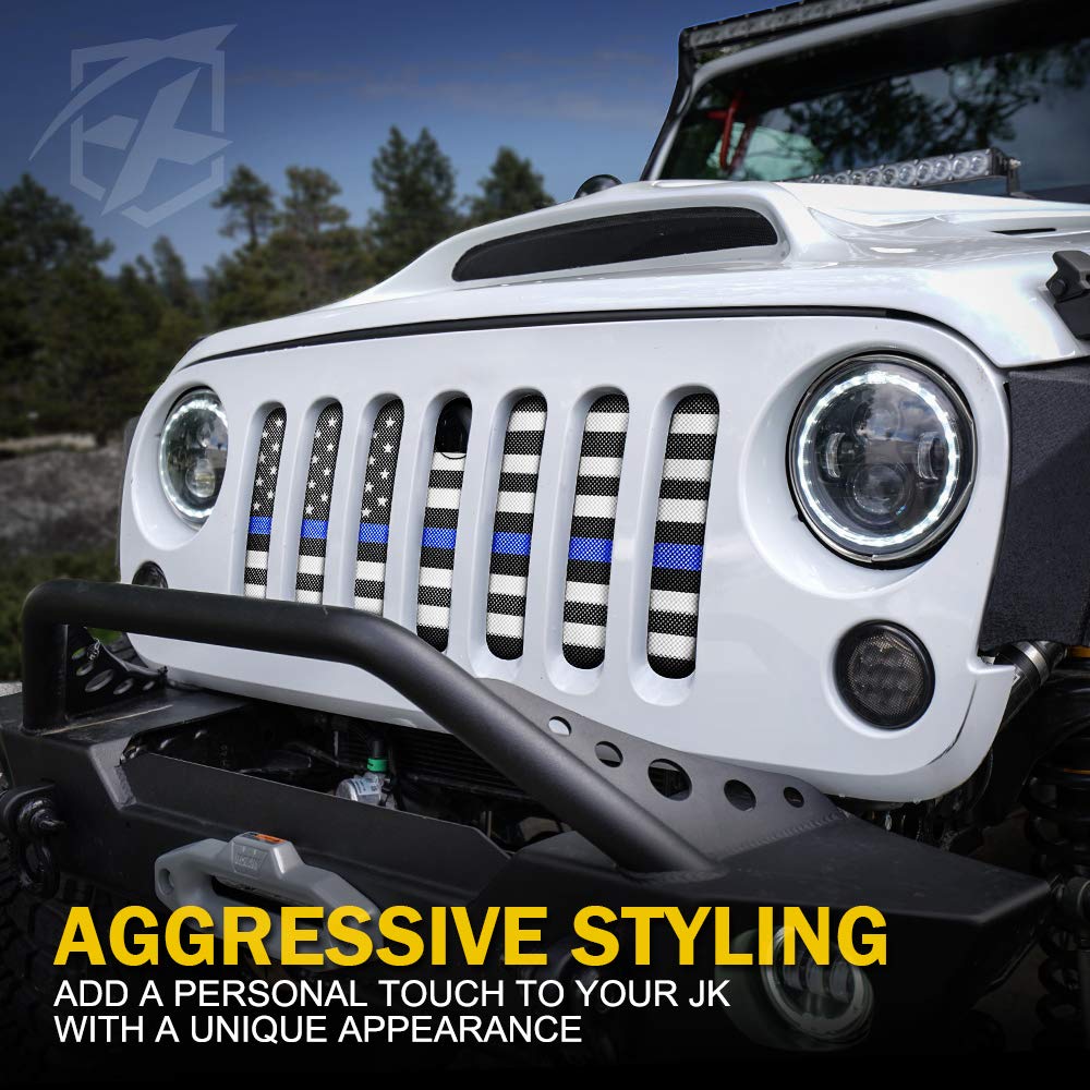 Xprite Aluminum Alloy Grill Mesh Insert for 2007-2018 Jeep Wrangler JK - Blue Stripe with Hood Lock Hole