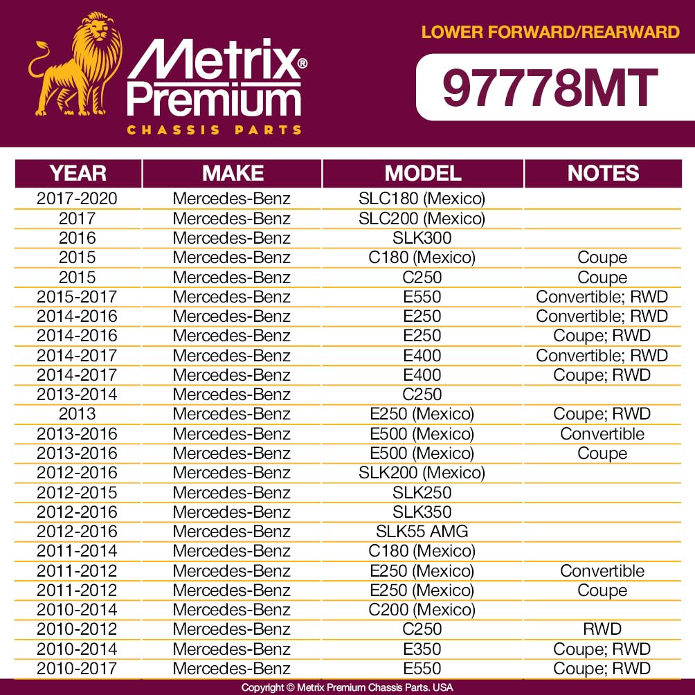 Metrix Premium Chassis Parts - 4 Pc Lower Forward & Rearward Control Arm Kit Fits 17-20 Mercedes-Benz Slc180 (Mexico), 16 Slk300